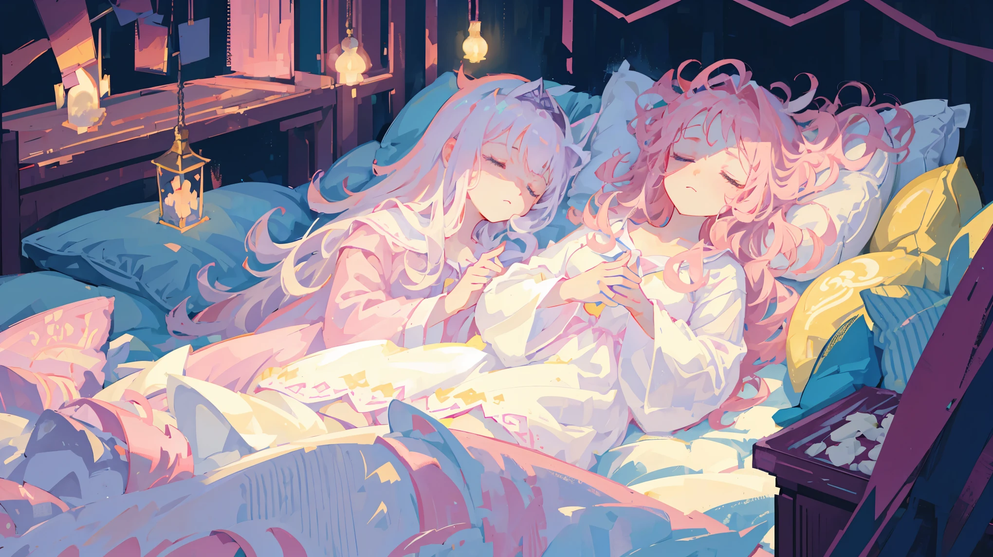 (masterpiece, high quality, detailed), Pink, White, girl, (close one's eyes:1.2), (peaceful sleeping face:1.5), big fluffy hair, long hair,, busty, baggy white pajamas, in bed, There are a lot of pillows, dreamy, comfortable, night time, enlargement,Hands are being put together.