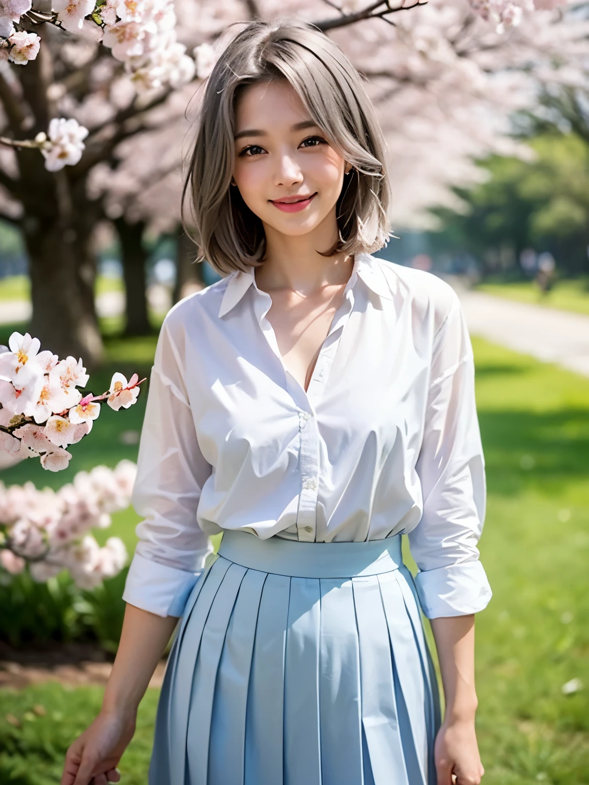 ((8k、sharp、masterpiece、highest quality、Realistic like a photo、perfect face、small face、very beautiful face、Fair skinで可愛い、Fair skin、gray hair、blue eyes、))、 19 years old、short hair、shiny skin, moist skin、Fair skin、日本のtop idol、cool girl、cute face、perfect face、japanese idol、top idol、19 years old:1.3、((流れるgray hair:1.4、美しいblue eyes:1.3、double eyelid、beautiful breasts、thin legs、girl with perfect style、gray hair、very well-groomed face、cute face、))、beautiful breasts、professional lighting、portrait shot、smile at the viewer、blush、((glossy white shirt:1.3、pleated skirt:1.3))、((Cherry-blossom viewing))、cleavage、((彼女はCherry treeの下でCherry-blossom viewingをしています.'))、'Cherry tree、cool girl、She's smiling at me、smile、very cute、19 years old、gray hair:1.3、fashionable clothes、white hair、white hair、blue eyes、Fair skin、very beautiful face、