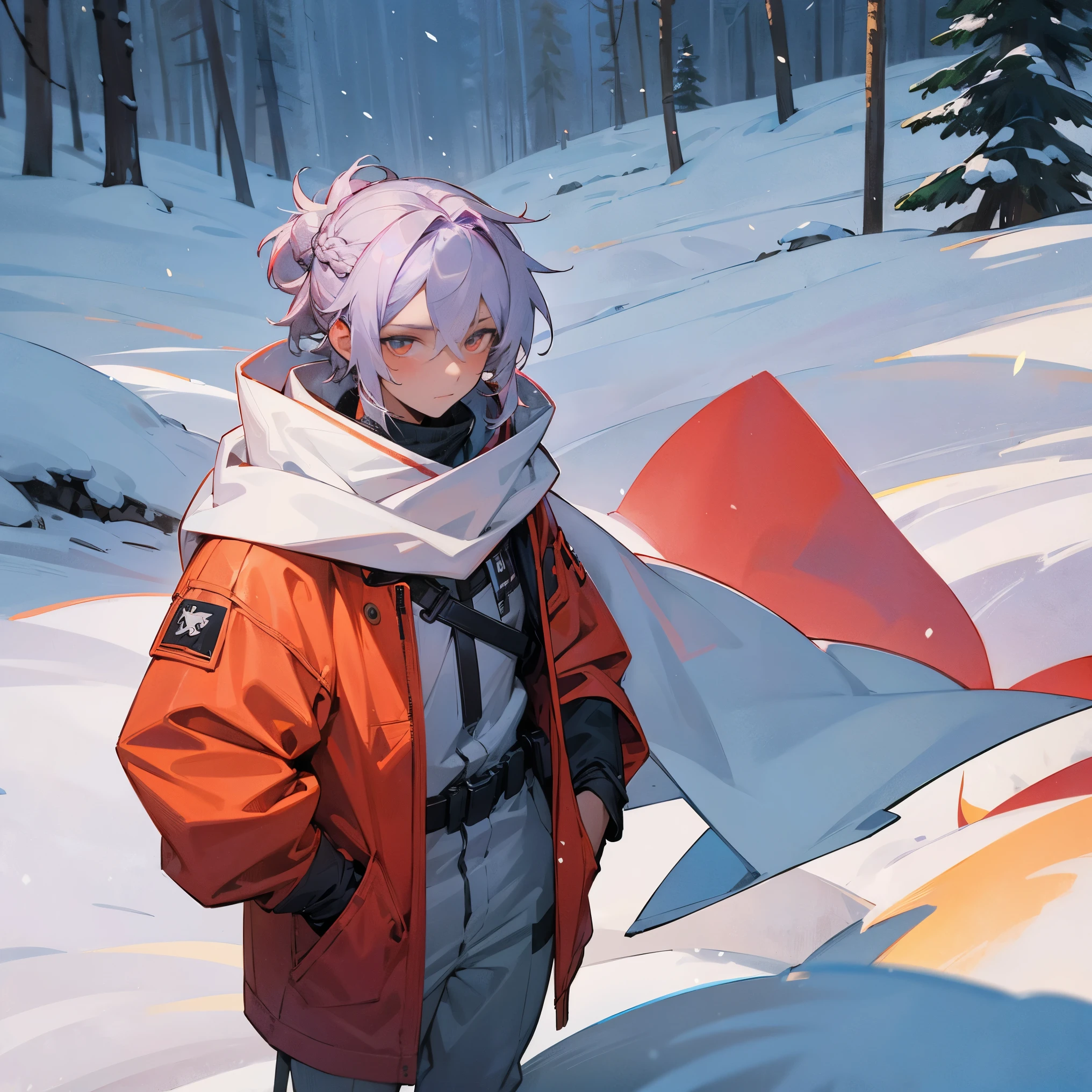 1male, , tan skin, finely detailed coral eyes, medium messy hair with braided man bun, pale lavender hair color, snow suit, poncho, snowboard googles, bandages wrapped around arms, bandolier across chest, standing with hands in pocket, standing on snowy mountain trail, snowing