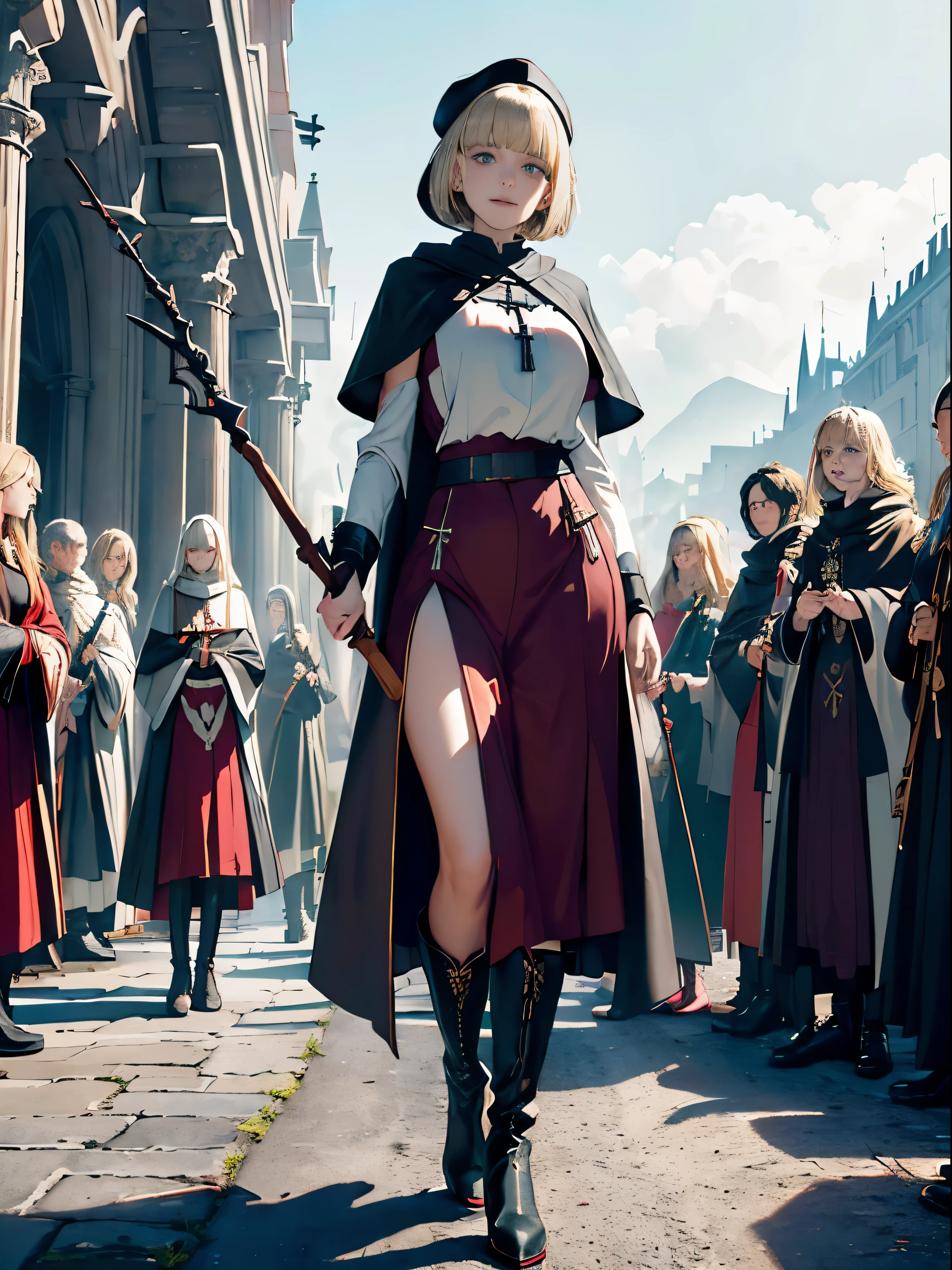 masterpiece, super detailed, 8K portrait, RAW photo, portrait photography, highly detailed face, beautiful and detailed eyes, ((fantasy)), young and beautiful, dynamic pose, kind face, smile, (((Short bob blonde hair, bangs))), ((priest)), white skin color, frugal girl, Wooden Necklace, Clergy's hat, (((long cloak))) fluttering in the wind, (((dark dull red oversized priest tunic))), (((long skirt)), (((Low boots))), ((holding a long wooden cane)), Large shoulder bag, midday sun, surreal, body model, big breasts, beautiful breasts, long legs, in the crowd, environmental lighting, shadow details , Focus the camera on the thigh, strong wind, light fog