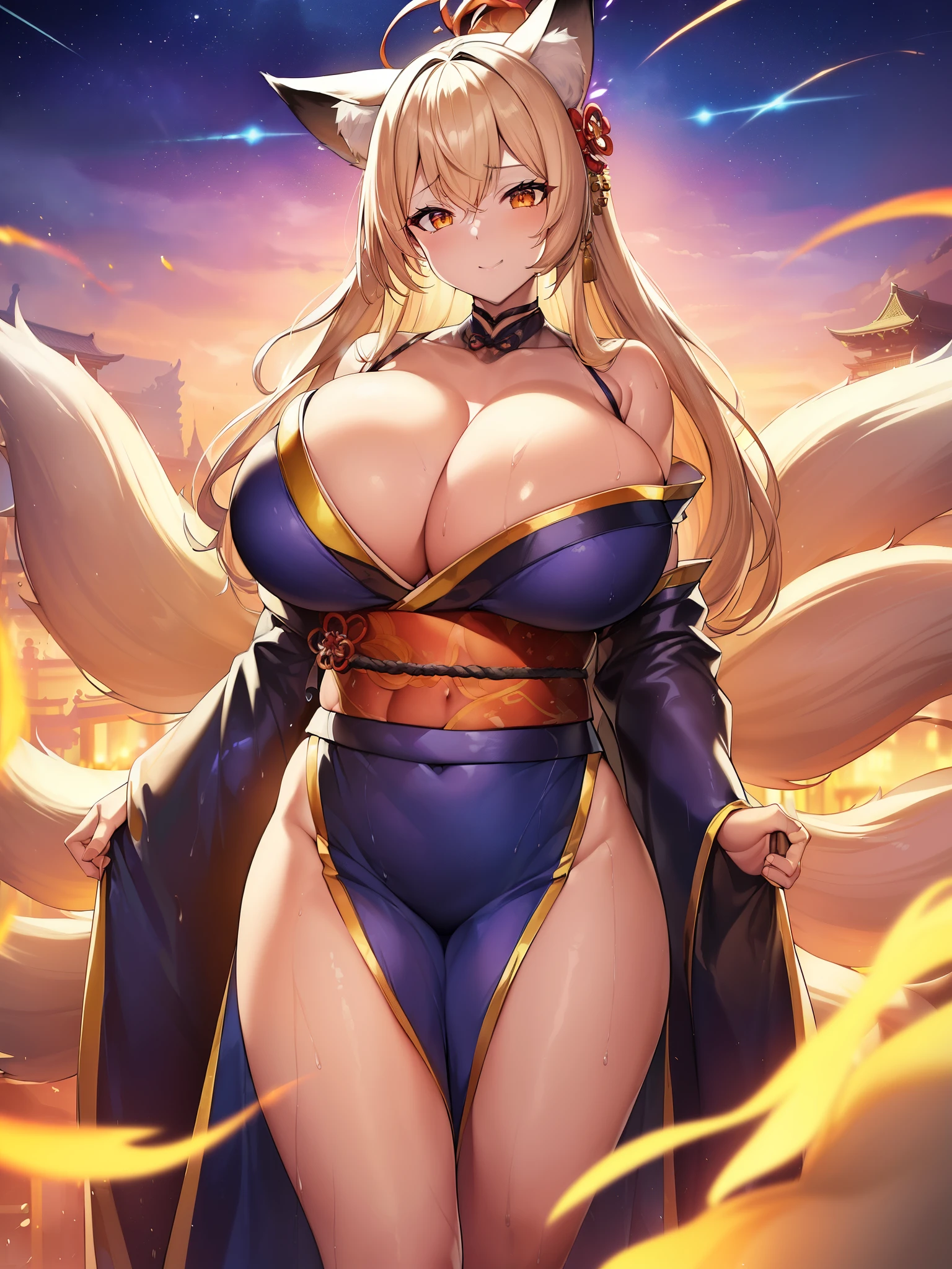 incredible resolution、muste piece++,highest quality++,super definition++, super definition++,4K++,8K++,(background focus)++, extremely detailed, Viewer&#39;s perspective、（（Midnight神社））++、((九尾のfox))++, ((1人の九尾のfox)), ((((Ninetail))))++++, 、((((multiple tails))))++++,(((colorful kimono)))+++,(((colorful kimono)))++++,((A bewitching smile))+ +,（（Furisode））++、((fox) ++,((Midnight))++,(pale flame) +,（monster change）、(orange golden gray hair), (super shiny hair and skin), (sunlight shines),((beauty)),(Big breasts that are about to burst_body: 1.5),(Big breasts that are about to burst:1.5), Muscular girl with clearly visible abs and muscles, Translucent ghost body, There is a cleavage in the chest, A sense of dynamism, (Abs cleansing and shaving, muscular muscular thighs) +, A lively smile, Perfect eyes, perfect hands, perfect nose, magic battle dark, bright atmosphere, (wet effect) +, (light effects), (cinematic light) + , (Like a movie of light) +