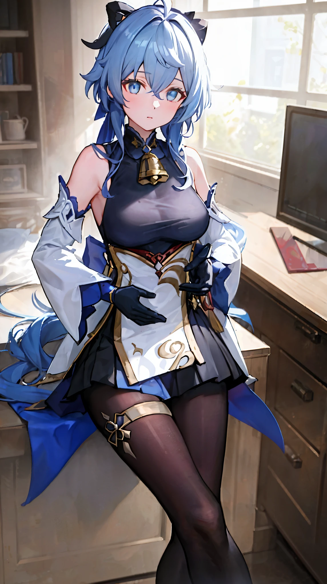 (photoactual:1.4), (masterpiece, side light, Delicate and beautiful eyes: 1.2), masterpiece*portrait, actual, 3d face,
employment \(Genshin Impact\), 1 girl, ahog, architecture, Bangs, bare shoulders, bell, black Gloves, black pantyhose, (blue hair), blush, breast, Chinese knot, Detached sleeves, rosette, Gloves, trumpet, long hair, looking at the audience, medium breast, neck bell