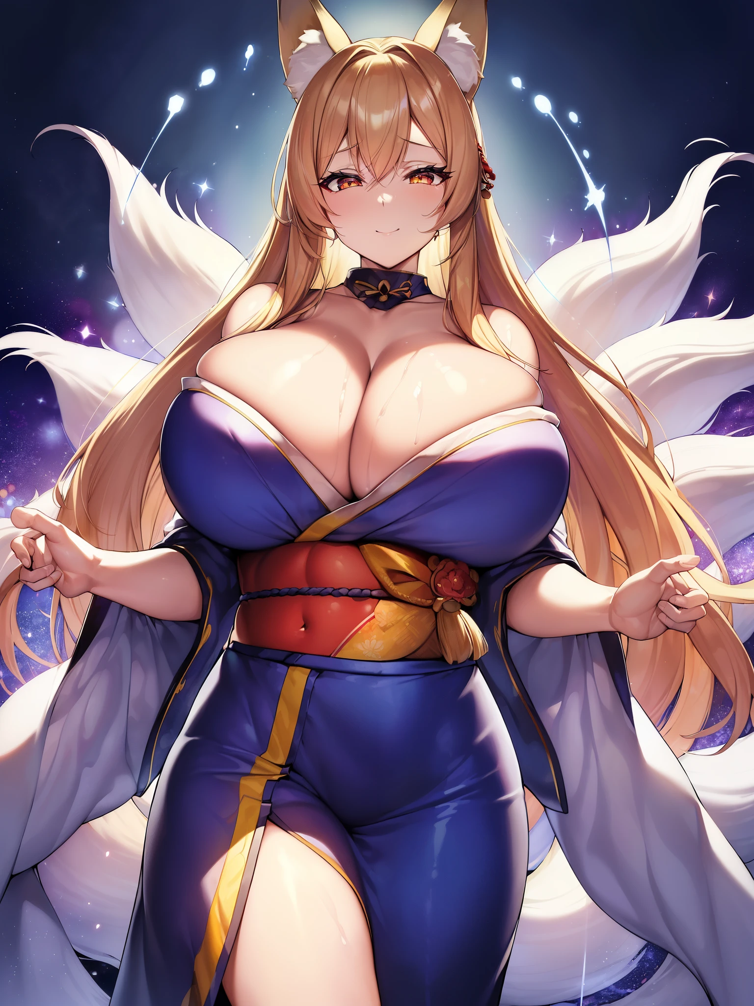 incredible resolution、muste piece++,highest quality++,super definition++, super definition++,4K++,8K++,(background focus)++, extremely detailed, Viewer's perspective、((Midnight神社))++、((九尾のfox))++, ((1人の九尾のfox)), ((((Ninetail))))++++, 、((((multiple tails))))++++,(((colorful kimono)))+++,(((colorful kimono)))++++,((A bewitching smile))+ +,((Furisode))++、((fox) ++,((Midnight))++,(pale flame) +,(monster change)、(orange golden gray hair), (super shiny hair and skin), (sunlight shines),((beauty)),(Big breasts that are about to burst_body: 1.5),(Big breasts that are about to burst:1.5), Muscular girl with clearly visible abs and muscles, Translucent ghost body, There is a cleavage in the chest, A sense of dynamism, (Abs cleansing and shaving, muscular muscular thighs) +, A lively smile, Perfect eyes, perfect hands, perfect nose, magic battle dark, bright atmosphere, (wet effect) +, (light effects), (cinematic light) + , (Like a movie of light) +