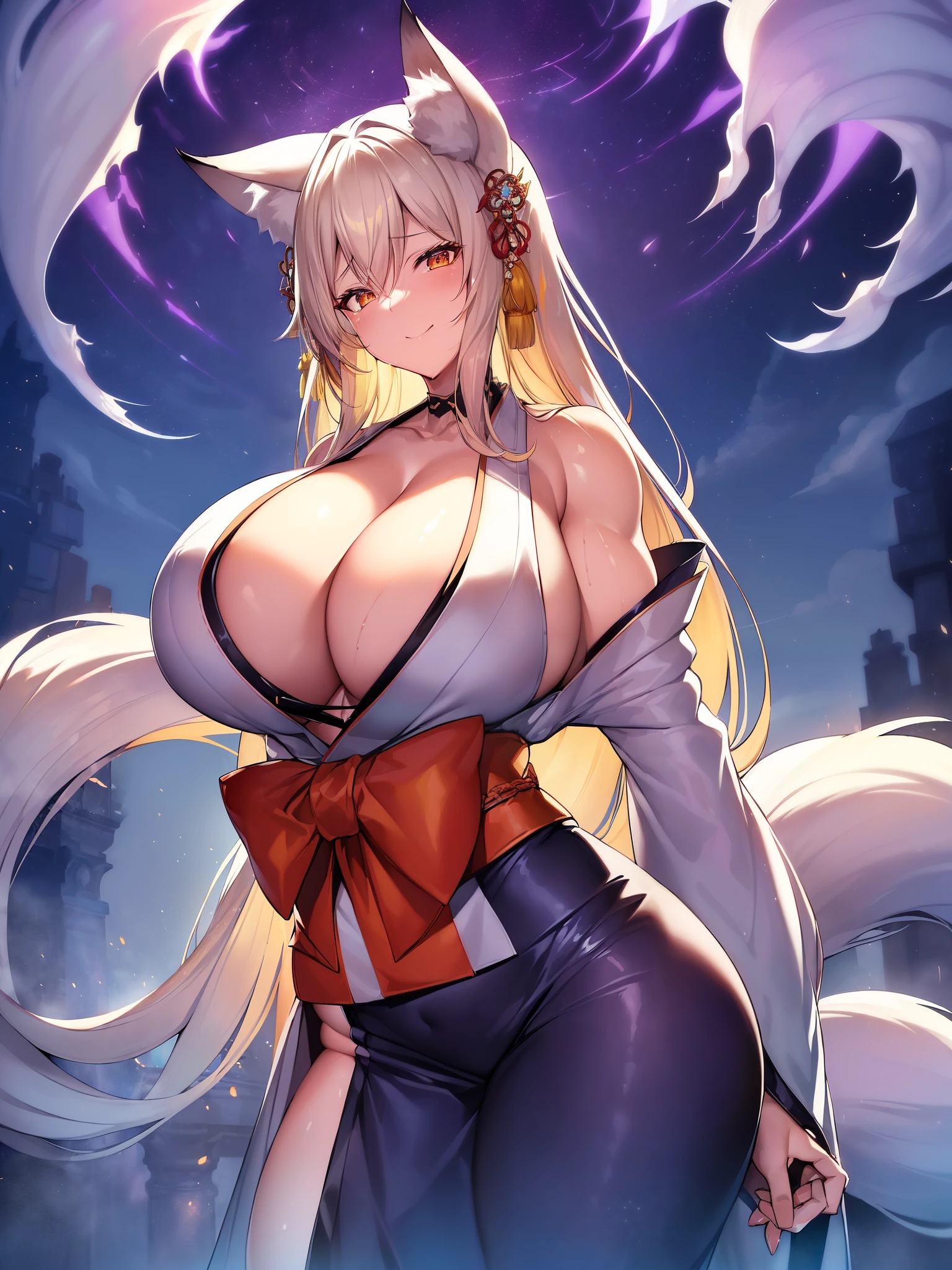incredible resolution、muste piece++,highest quality++,super definition++, super definition++,4K++,8K++,(background focus)++, extremely detailed, Viewer's perspective、((Midnight神社))++、((九尾のfox))++, ((1人の九尾のfox)), ((((Ninetail))))++++, 、((((multiple tails))))++++,(((colorful kimono)))+++,(((colorful kimono)))++++,((A bewitching smile))+ +,((Furisode))++、((fox) ++,((Midnight))++,(pale flame) +,(monster change)、(orange golden gray hair), (super shiny hair and skin), (sunlight shines),((beauty)),(Big breasts that are about to burst_body: 1.5),(Big breasts that are about to burst:1.5), Muscular girl with clearly visible abs and muscles, Translucent ghost body, There is a cleavage in the chest, A sense of dynamism, (Abs cleansing and shaving, muscular muscular thighs) +, A lively smile, Perfect eyes, perfect hands, perfect nose, magic battle dark, bright atmosphere, (wet effect) +, (light effects), (cinematic light) + , (Like a movie of light) +