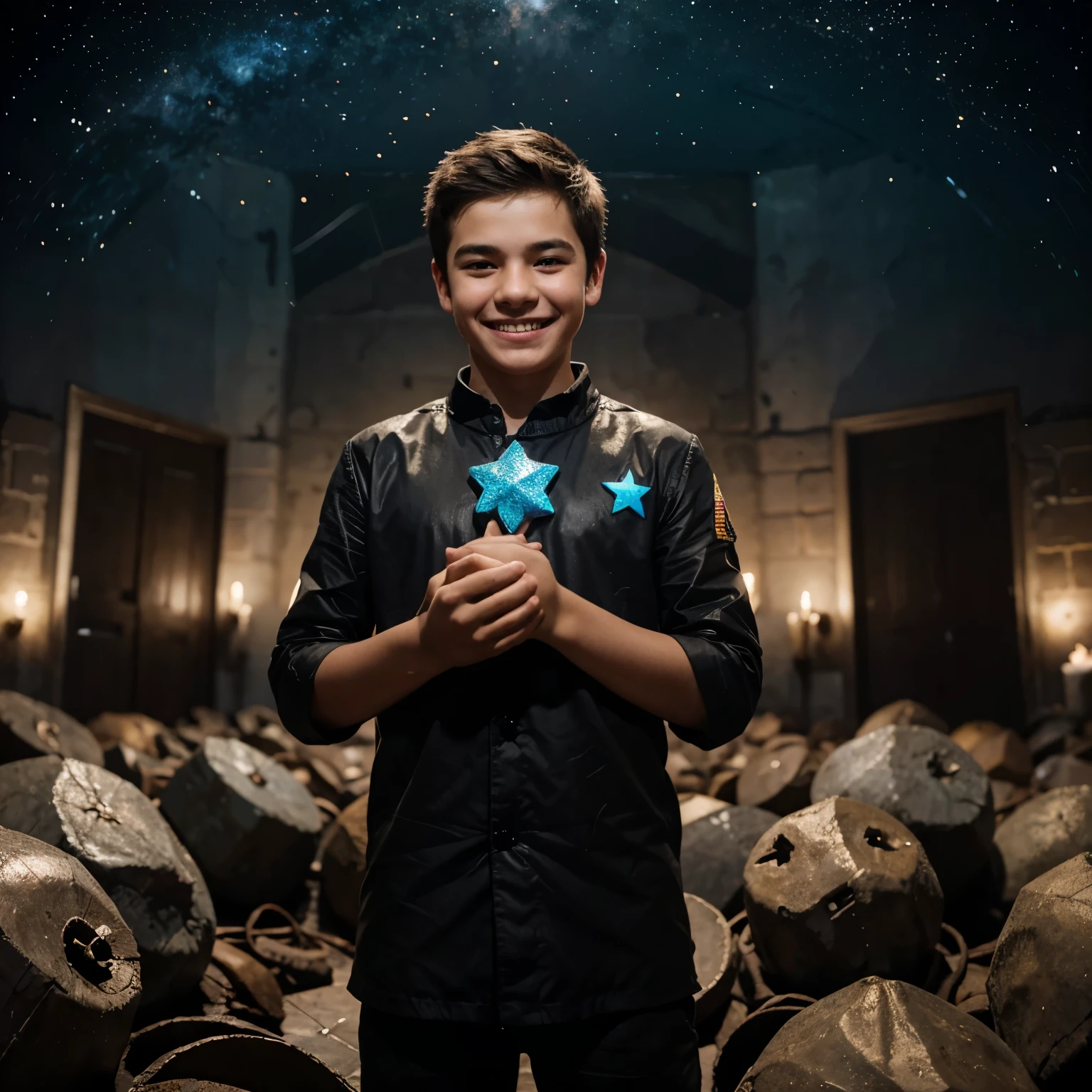 a boy standing in front of a pit of his defeated enemies, with glazing eyes, holding stars on both of his hands. while his friend smiling next to him, proudly happy for him.