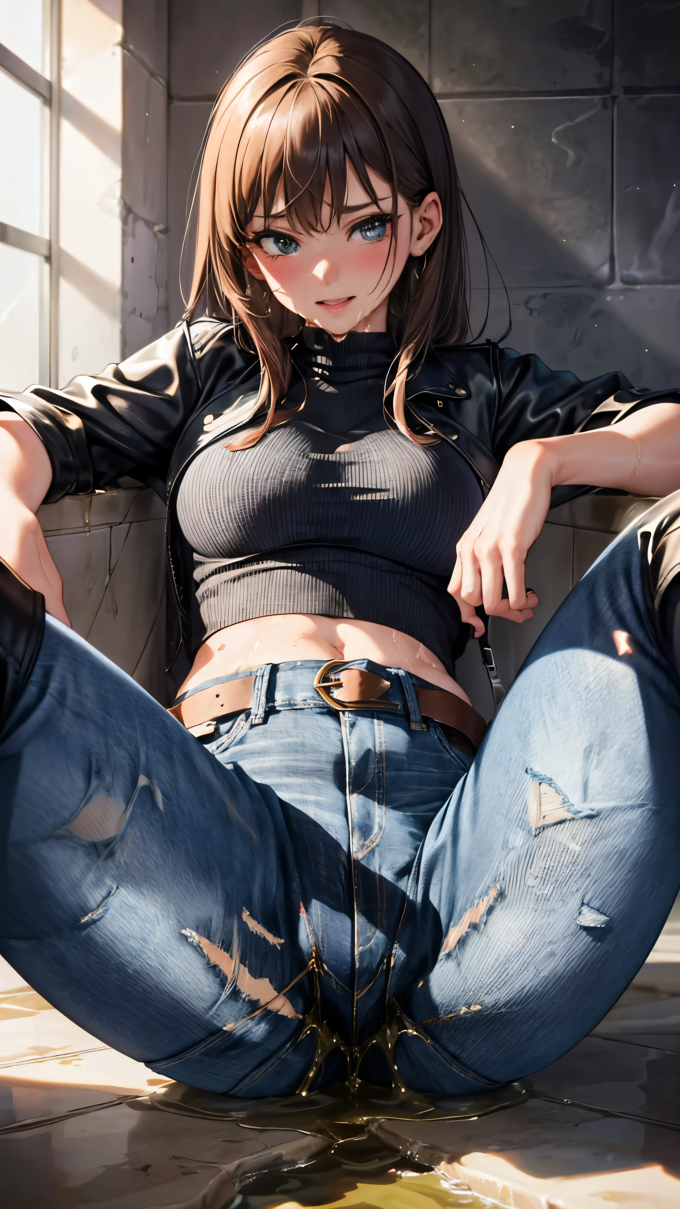 High resolution, beautiful women, high detail, good lighting, despicable, , (No nudity), (((jeans shorts))), ((tight leather top)), (((leather thigh high boots))), (garter belt), abdomen only, (wet shorts), (((Pee))), (Pee), urine stains, (puddle), (thick thighs), nice long legs, lipstick, detailed face, cute face, I'Iは恥ずかしくて赤面します, humiliating, ((spread your legs)), ((Take a relaxing bath in the bright, large bath))