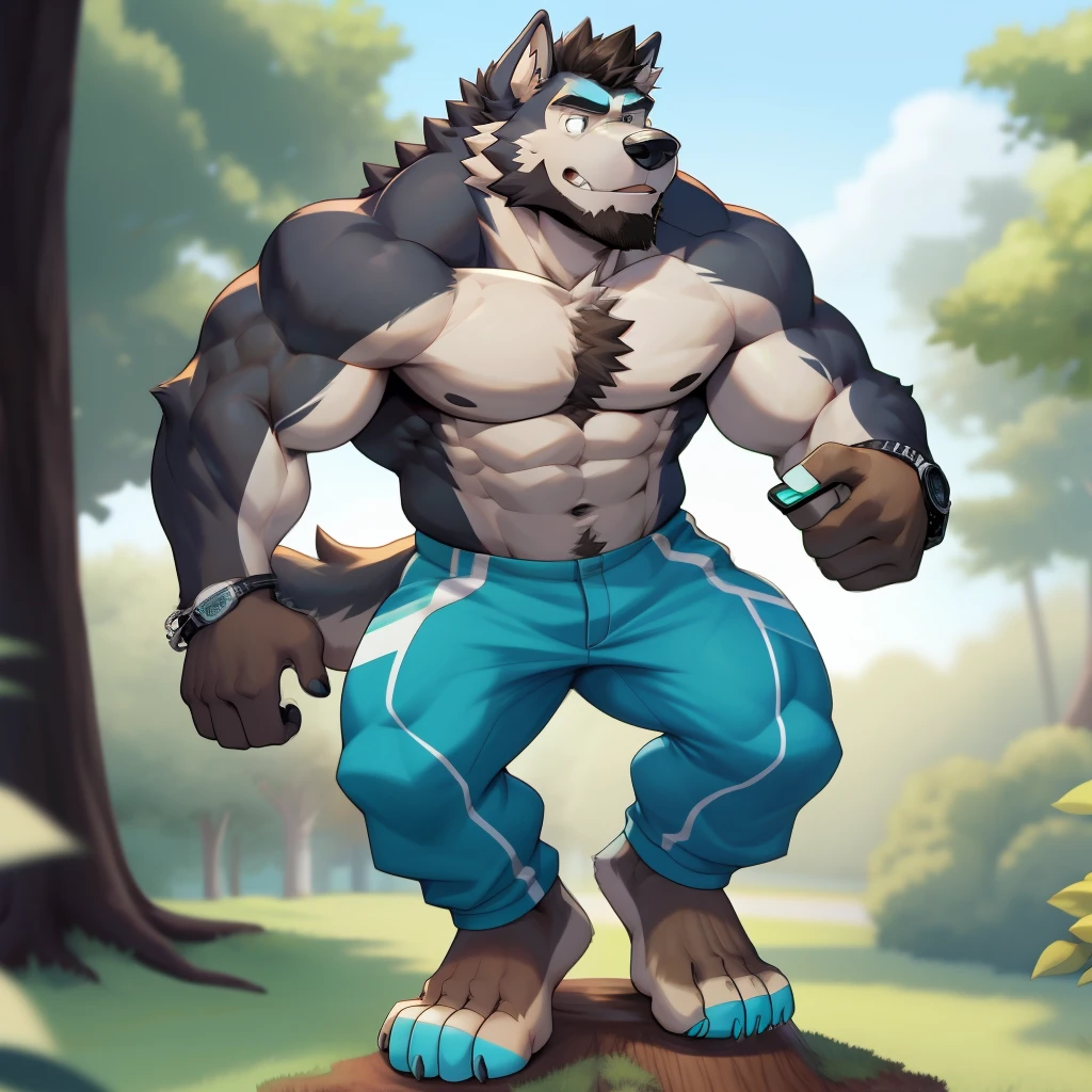 (((full body shot, head-to-toe in frame, zoomed out shot, front view of his body and side view of his face, standing, one leg on stump, celshaded))), 1boy, abs, bara, bare_pectorals, bare_shoulders, black_hair, body_hair, brown_hair, chest_hair, ((cyan trackpants)), cuffs, dark-skinned_male, facial_hair, handcuffs, jewelry, large_pectorals, long_sideburns, male_focus, mature_male, medium_hair, slim-muscular, muscular, muscular_male, navel, ((werecanine, extended snout)), pectorals, short_hair, sideburns, solo, stomach, stubble, thick_thighs, thighs, tight, watch