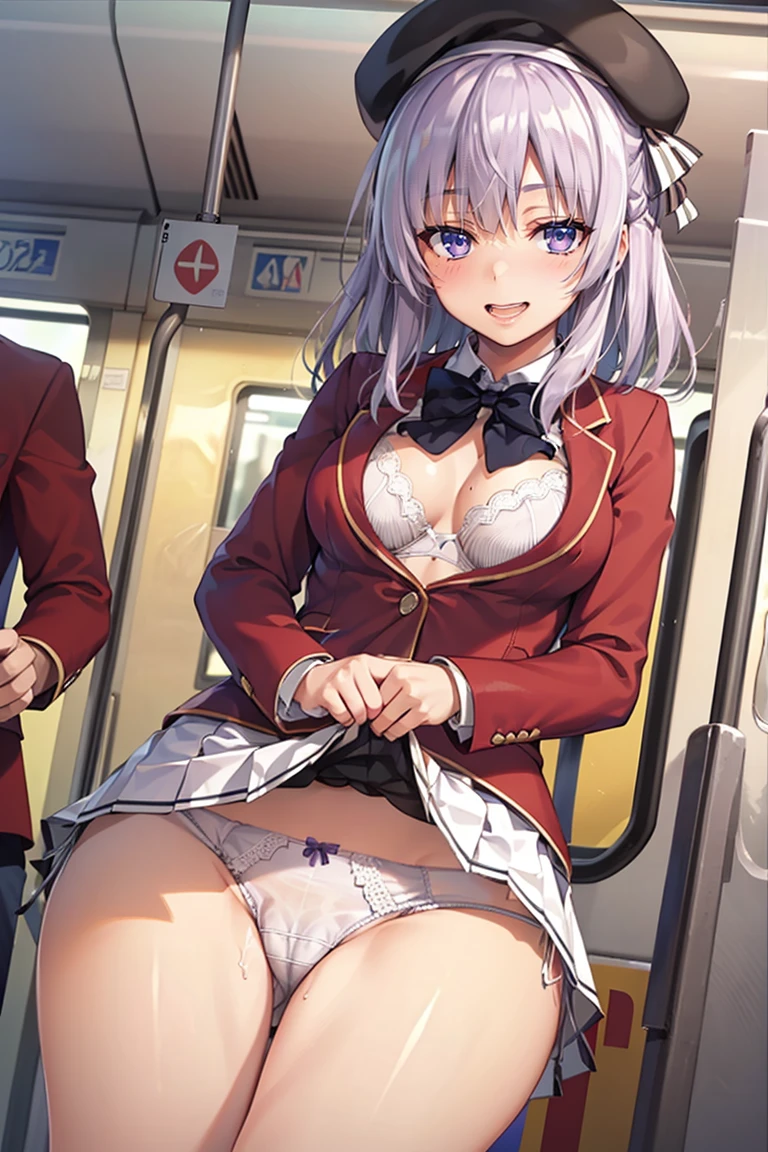 masterpiece, best quality, A large amount of all over the body on the chest and tongue, taken from the front, highres, aakikyo, (Light purple hair、White hair、Medium Hair) 、Arisu has、beret、Black beret、Black hat:1.5)、(Purple eyes、shining purple eyes:1.3), hair intakes, white hairband, blue bowtie, collared shirt, blazer, (red jacket:1.8), long sleeves, (white skirt:1.5), pleated skirt, black socks, medium cleavage, tartan check, uniform, sweat,(glaring:1.7),(short height:1.5),(illustration:0.8),(elementary school student:1.5),(Fully exposed panties:1.8)、(1 girl standing:1.5),nsrf,grabbing another's ass,short stature,(selfie:0.8),(orgasm:0.8), BREAK lotr of people,(crowded train:1.8),(rush hour train:1.8),(man with office suit:1.7),BREAK (turn up the skirt:1.7),(shirt lift:1.7),(bra lift:1.9),(open the front of the shirt:1.5), (nipples:1.1),shirt pull, (chikan:1.9),(vaginal sex:1.6), (frying hands:1.1), (fresher:1.1),(:1.6),(curvy:1.8),zettai ryouiki,(cute panties:1.8),(white panties:1.8),(white bra:1.5), (turn up the brassiere:1.7), (misaligned brassiere:1.5),breast slip,breasts out, BREAK breasta_on_glass,povbrestgrab,(skirtlift),(panties shot:1.5),(up skirt:1.5), grabbing another's breast,close contact with men,cohesive,(train:1.7), (surprised:1.5),(nose blush), blush,(embarrassed:1.7),(close mouth),(open clothes:1.3), (open the front of the shirt:1.1),(disordered shirt:1.1),(undressing:1.1), BREAK (from below:1.8),(cowboy shot:1.9),(dynamic angle:1.8),BREAK