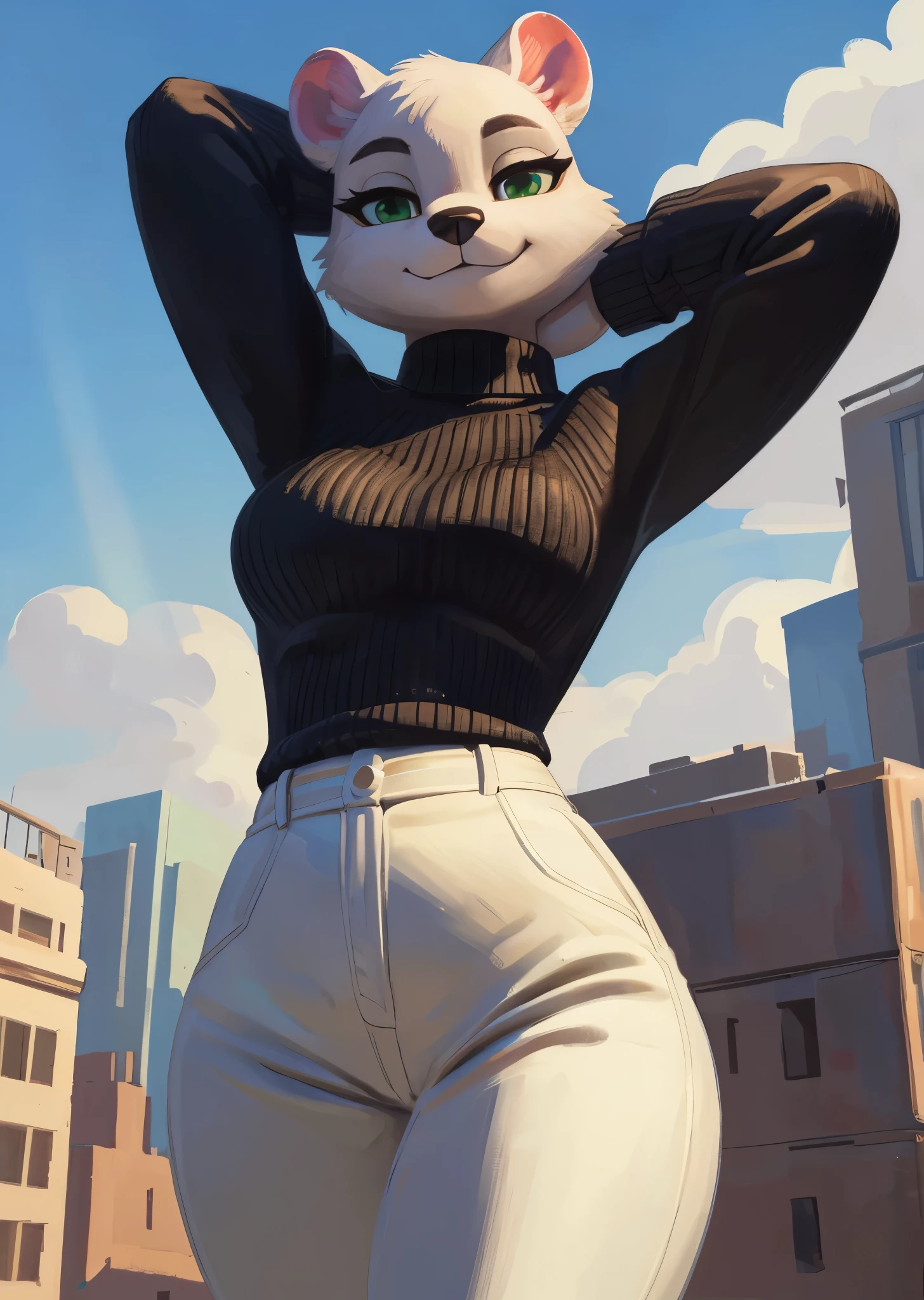 [marie itami], [brand new animal], [Uploaded to e621.net; (wamudraws), (Pixelsketcher)], ((masterpiece)), ((HD)), ((high res)), ((solo portrait)), ((waist-up)), ((front view)), ((furry; anthro)), ((detailed fur)), ((detailed shading)), ((beautiful render art)), ((intricate details)), {anthro mink; grey fur, black nose, (cute green eyes), (detailed iris), (long eyelashes), (long fluffy tail), (curvy hips), (detailed legs), (beautiful legs), (smug smirk), (relaxed expression)}, {(black sweater), (white coat), (tight jeans)}, {(standing), (hand behind head), (looking at viewer)}, [background; (city), (beautiful port), (clouds in sky), (blue sky), (sun rays), (ambient lighting)]