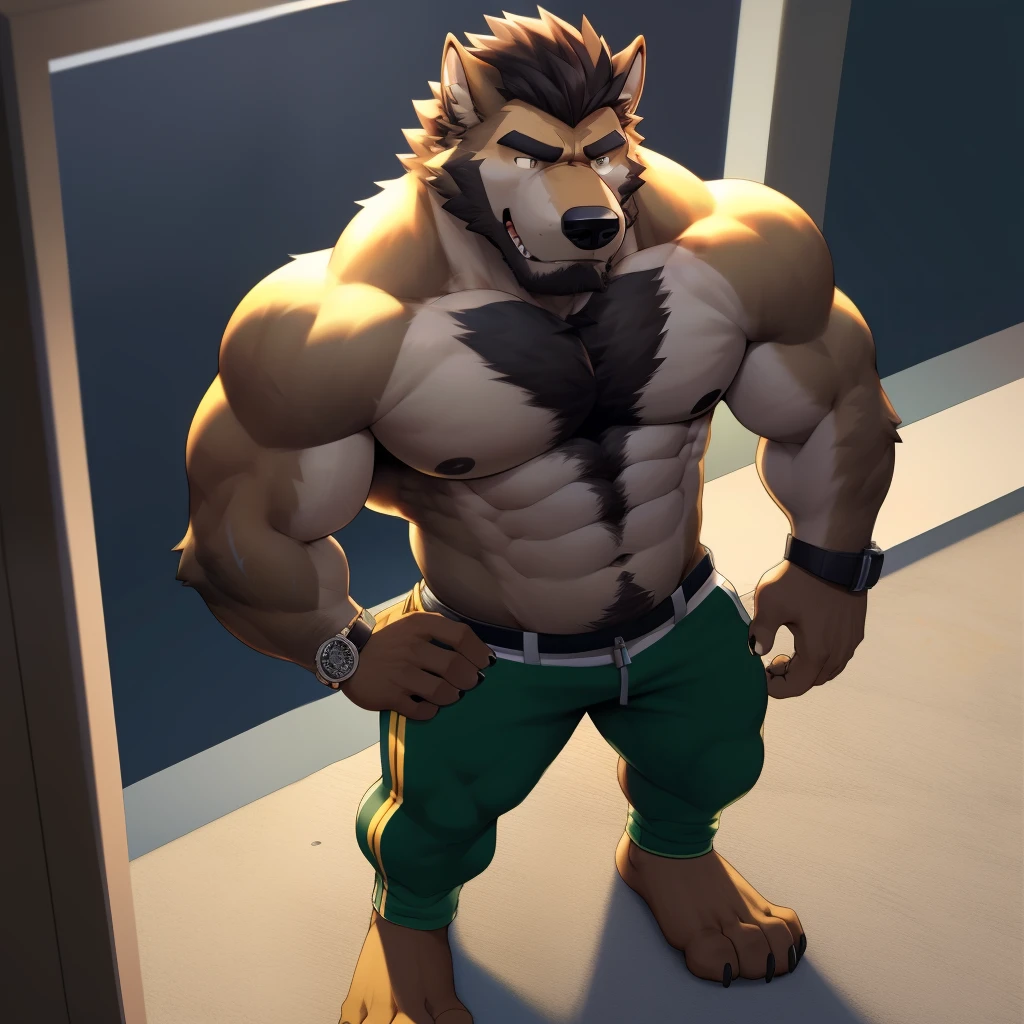 (((full body shot, head-to-toe in frame, high angle shot))), 1boy, abs, bara, bare_pectorals, bare_shoulders, black_hair, body_hair, brown_hair, chest_hair, ((light yellow trackpants)), cuffs, dark-skinned_male, facial_hair, handcuffs, jewelry, large_pectorals, long_sideburns, male_focus, mature_male, medium_hair, muscular, muscular_male, navel, ((werecanine, extended snout)), pectorals, short_hair, sideburns, solo, stomach, stubble, thick_thighs, thighs, tight, watch