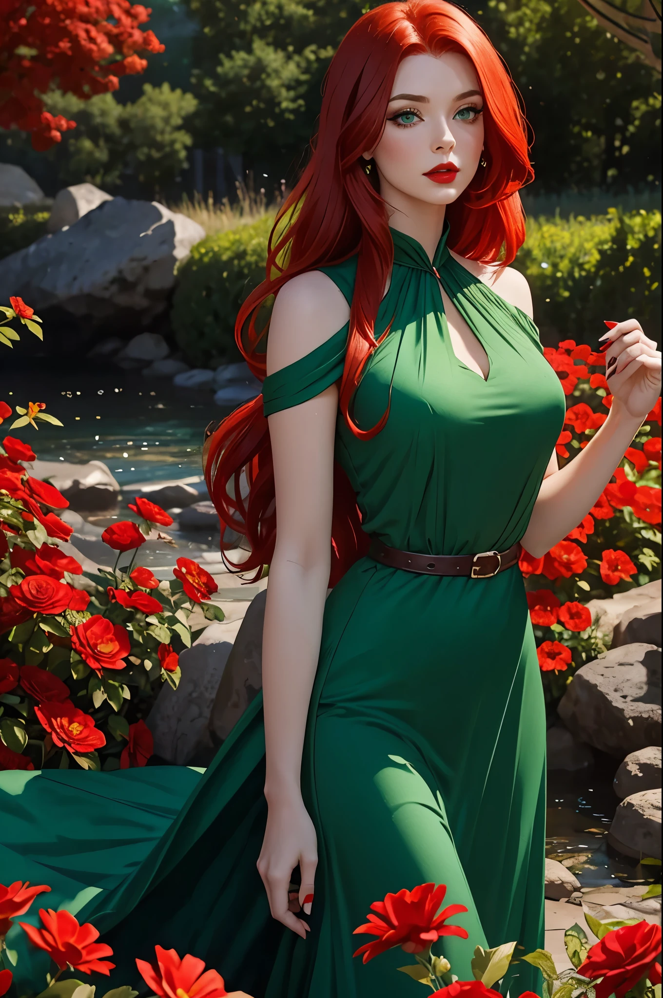 adult, beautiful, redhead, side part hairstyle, dark green eyes, red bloody long dress, sorcerer, big , charmed face, fantasy, magical, perfect body shape, red lips, flowers background, green spring, blue rever