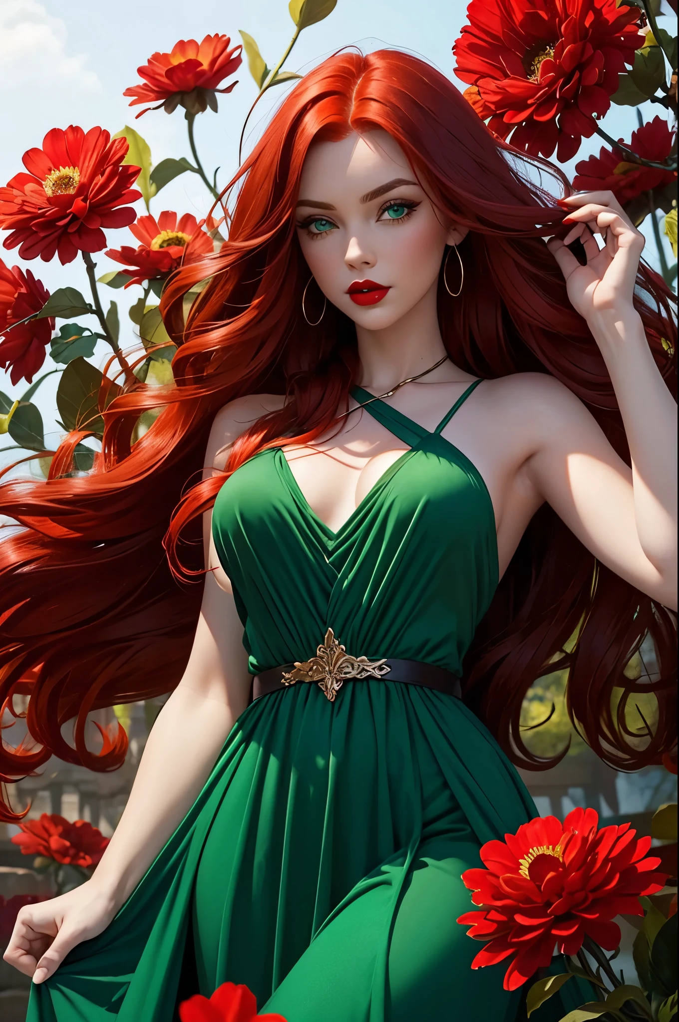 adult, beautiful, redhead, side part hairstyle, dark green eyes, red bloody long dress, sorcerer, big , charmed face, fantasy, magical, perfect body shape, red lips, flowers background, green spring, blue rever