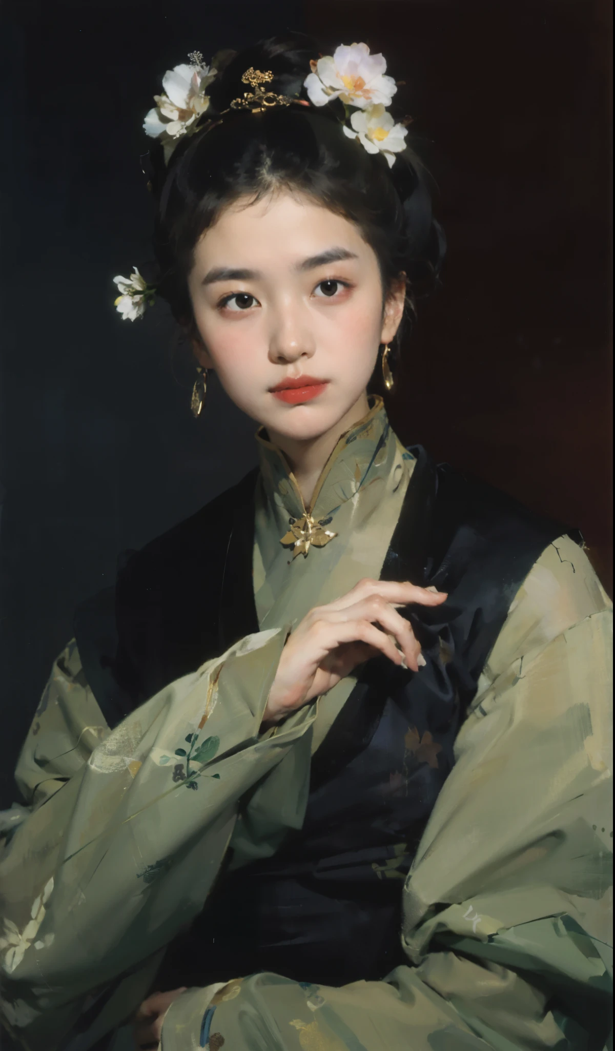 best quality，masterpiece，（painting：1.5），Pan head，hair tied up，Japanese women&#39;s hairstyle，Exquisite facial features，delicate and thin eyebrows，eyebrows are very thin，Small mouth，Little mouth，small lips，Headgear，Pan head，hair tied up，Japanese women&#39;s hairstyle，asian woman，Ancient Chinese woman，（Amy Sole：0.248），（Stanley Ategg Liu：0.106），（a detailed painting：0.353），（文艺复兴古典painting风格：0.8）