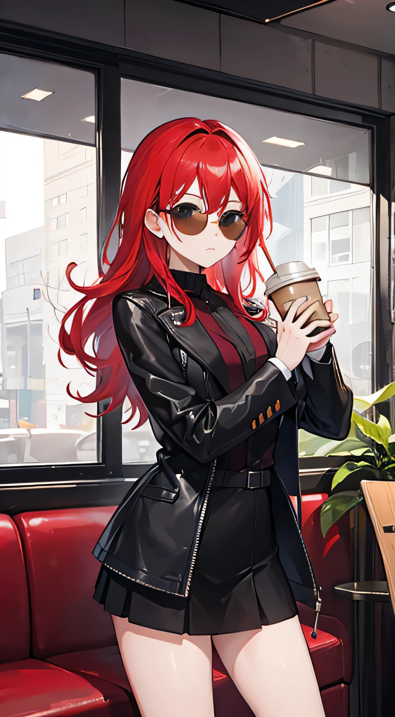 a woman who is wearing a suit and is in a cafe, she is wearing a leather jacket and sunglasses, she has red hair, her are quite big, and she is drinking a coffee latte and looking at us while blushing.