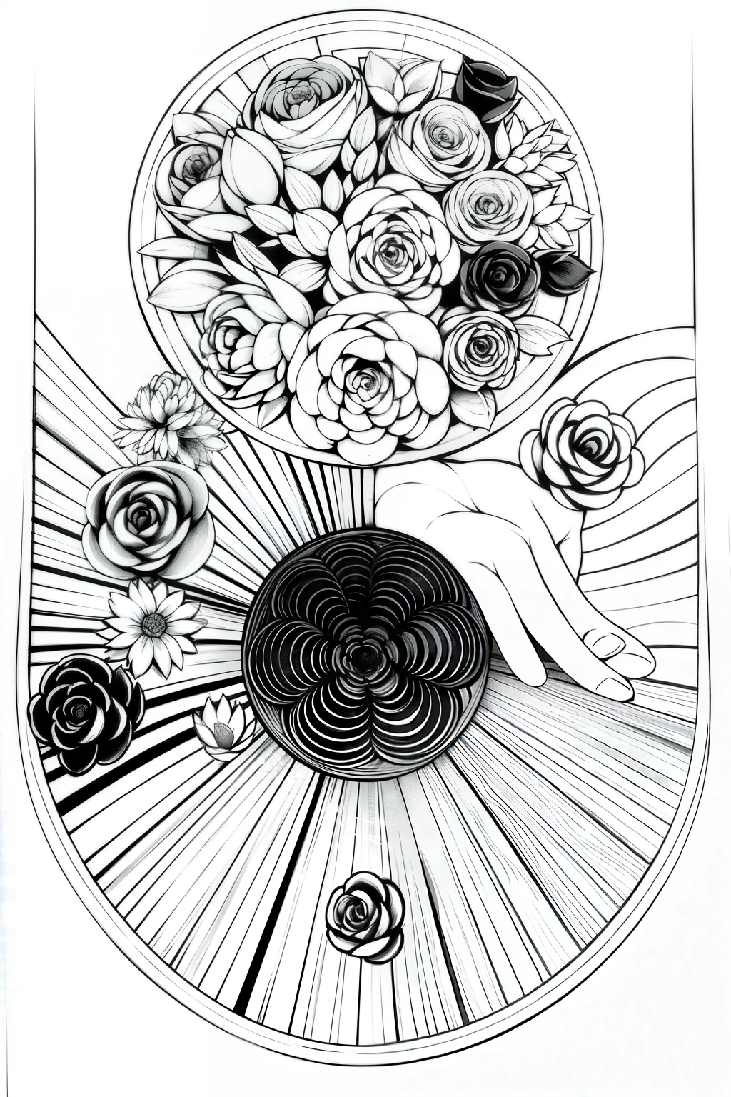 lots of flowers flowers,Various flowers including roses, tulips, peonies, etc.,Vivid and beautiful,There are big and small,Flowers are laid out,concise、Meticulous intersection、high contrast、Dynamic line work,Featuring vintage images,black、woodblock、hollow、woodblock风格,black背景