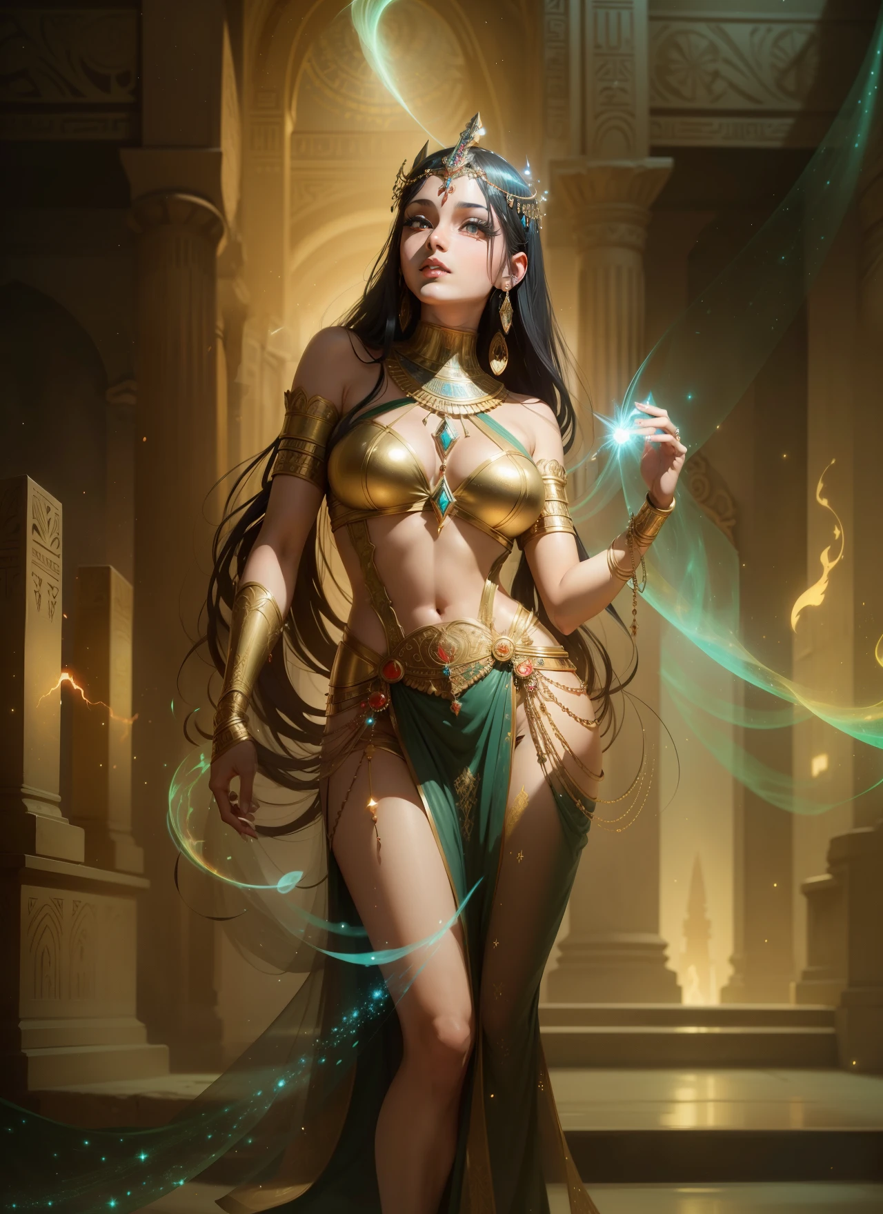 1920's red Egyptian Queen art, gaussian, with powerful magic which spins like tops within the hands and throughout with bioluminescent lightning swirls, ultra detailed cel shading drawing of a woman with gaussian dress flying, gossamer dress, blushed, magical detailed Egyptian architecture , flowing, tiny fireflies, stunningly beautiful face, symmetric eyes, evenly spaced eyes, focus on face, dynamic pose, holographic, light particles, ultra detailed, hit definition, 32k resolution, best quality, flat lighting, flat colors, manga, anime, cartoon, vector, (colorful and vibrant) ((high saturation)), 1920's Art Deco art style