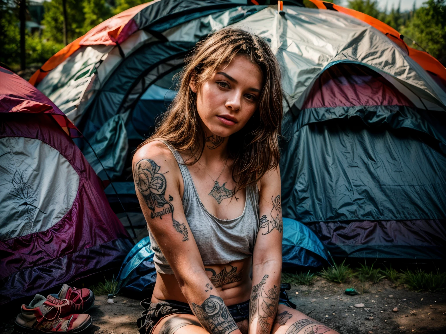 gritty raw photography, mountain town, female graffiti mural artist, tattoos on her arm, exterior rec park, bike trail, sitting in front of her graffiti, ((graffiti art of colorful camping tents)), wayfinding tattoos, hand holding pen drawing in journal, her field notebook, most viewed camping mural graffiti art, shot with Canon EOS 5D Mark IV