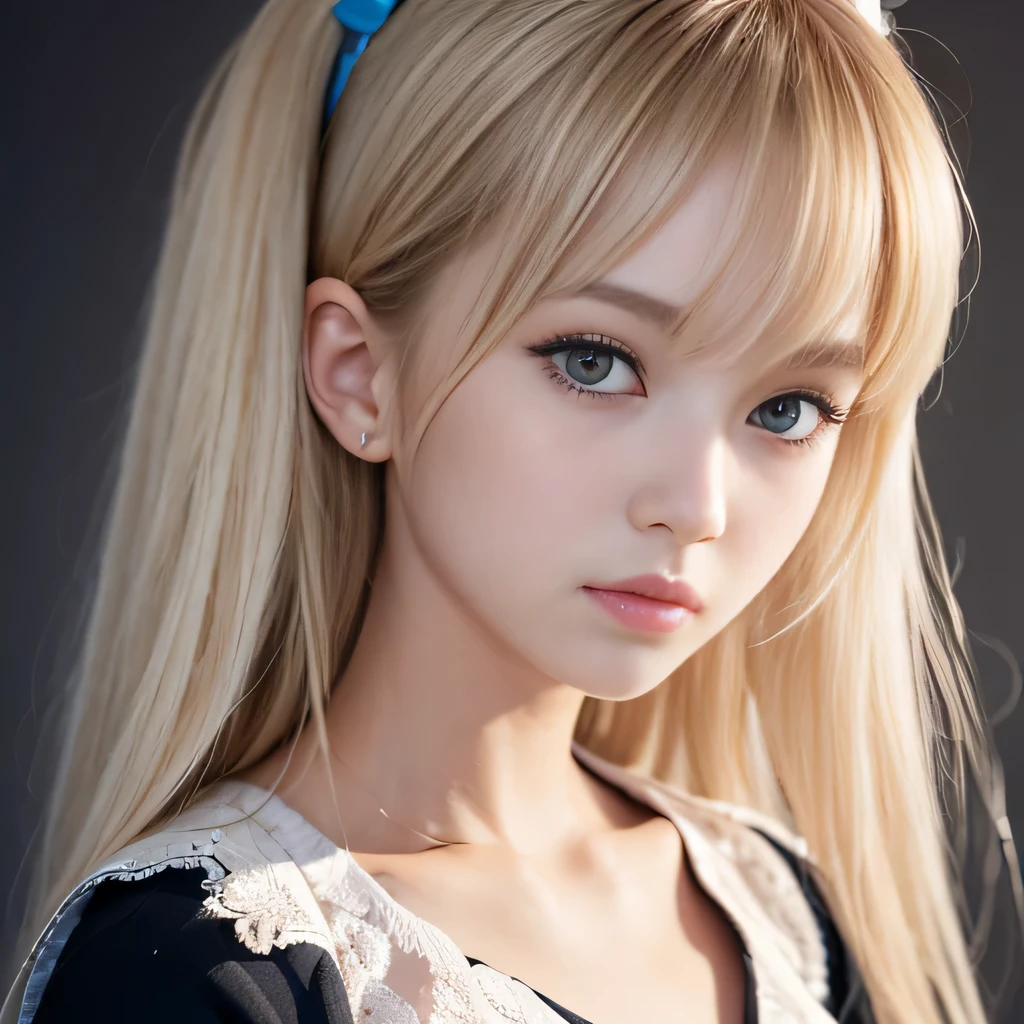 portrait、school uniform、bright look、twin tails、young shiny glossy white shiny skin、best looks、blonde reflection、Platinum blonde hair with dazzling highlights、shiny bright hair,、super long straight hair、Shining beautiful bangs、Sparkling crystal clear charming big blue eyes、Very beautiful and lovely cute girl、rich bust、White and beautiful blouse、I can see the collarbone、((I could see the whole body))、beautiful face、The chest area of the clothes looks tight、Loosening perm、No bra、