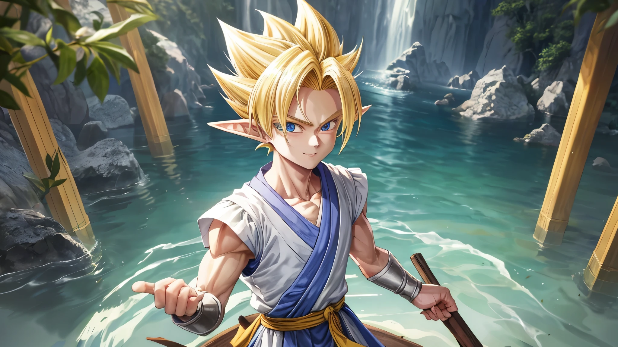 (master piece), 8k, best quality, book illustration, looking forward, sailing in a small boat rowing in the sea near the shore, elf boy, childish manner, naive, male, teenager, 14 years old, white skin, thin body, pointed elf ears, beautiful finely detailed silver eyes, high forehead, spiky yellow blonde hair like Gohan from the anime dragon ball (super sayajin), round face, highly detailed, incredibly handsome, smiling, conservative elven clothing, posture conservative,