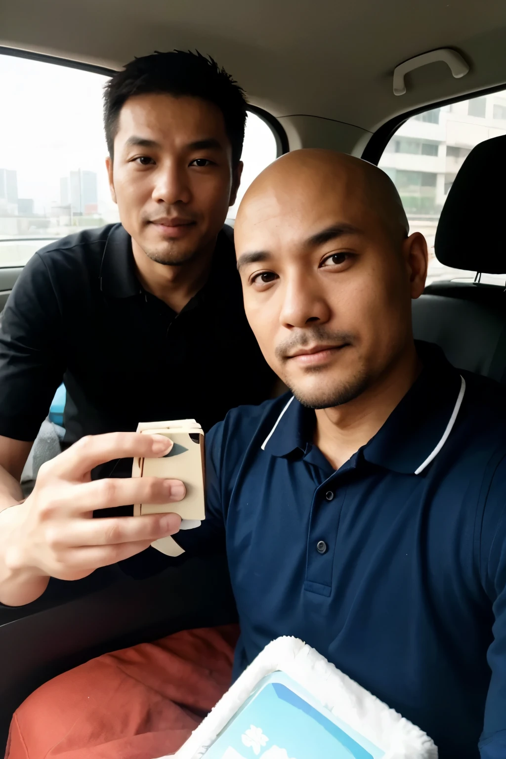 Taiwanese man, middle-aged uncle, courier driver, beard, bald head, flat photography, 30 years old, heated cigarettes, Chinese National Day, prostitution