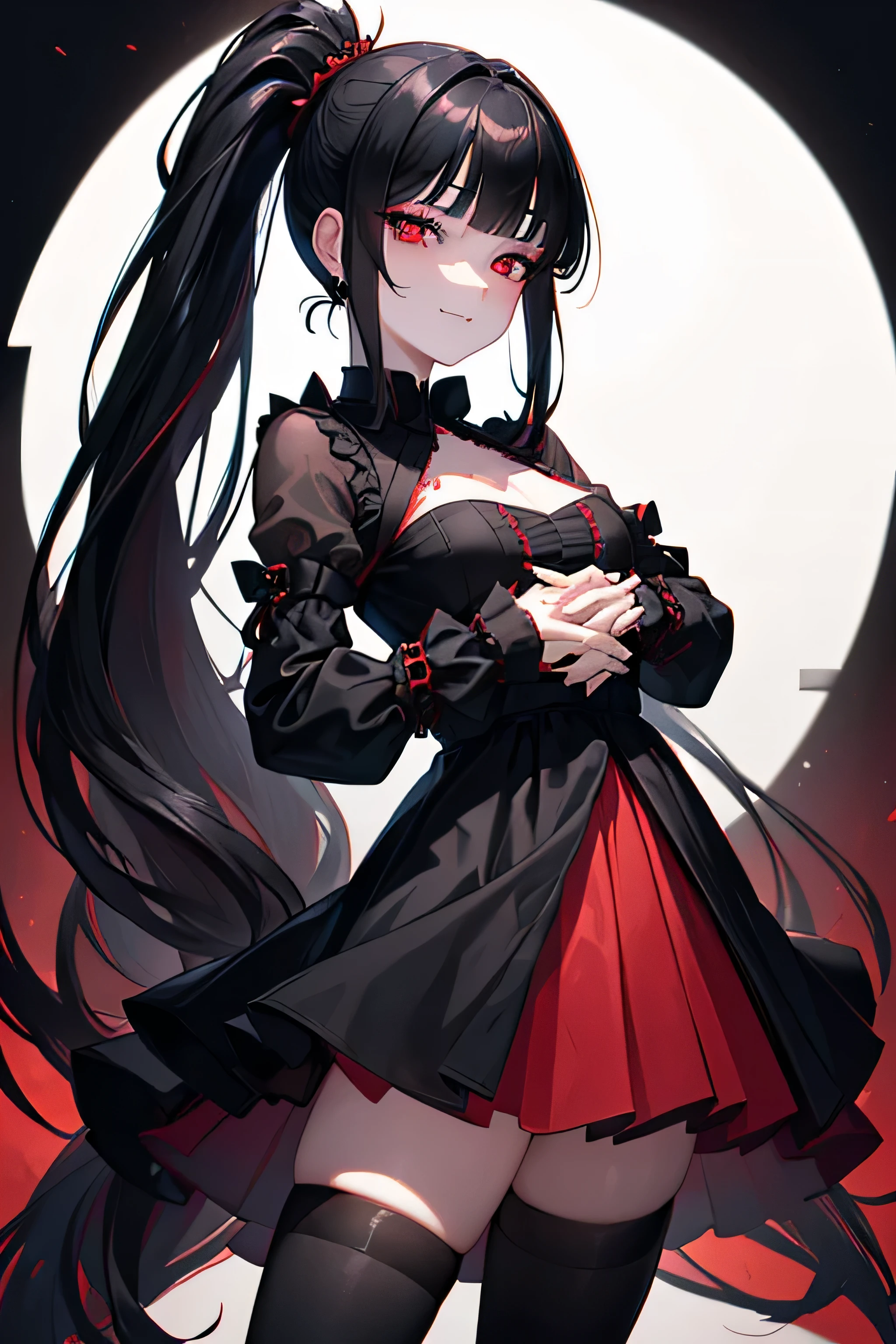 1 girl ,(great stigmata) , ruined church, bloody rosary , (by the floating, floating skirt), ((Bloody Sea)),on one side, Character focus, ((black light)),((dark lighting)), cinematic lighting ,(darkness), (Conceptual art), ((rape face)) ,long straight black hair, black fur, ponytail hairstyles, long straight pigtails, hair band , Red eyes color, short black dress, tight black dress, absolute territory, thigh high socks, (bright Eyes), High resolution,(incredibly absurd) ,Extremely detailed CG unity 8k wallpaper, ((masterpiece)), ((premium)), (beautiful illustration), ((an extremely delicate and beautiful)), (masterpiece, Best Quality, ultra High resolution), black fur, Pale skin, black crown, Red eyes, light_eyes, neon eyes, ultra detailed eyes, beautiful and detailed face, detailed eyes, (centered, torso), (tears), (plano general:0.9), in front of the viewer, eye level