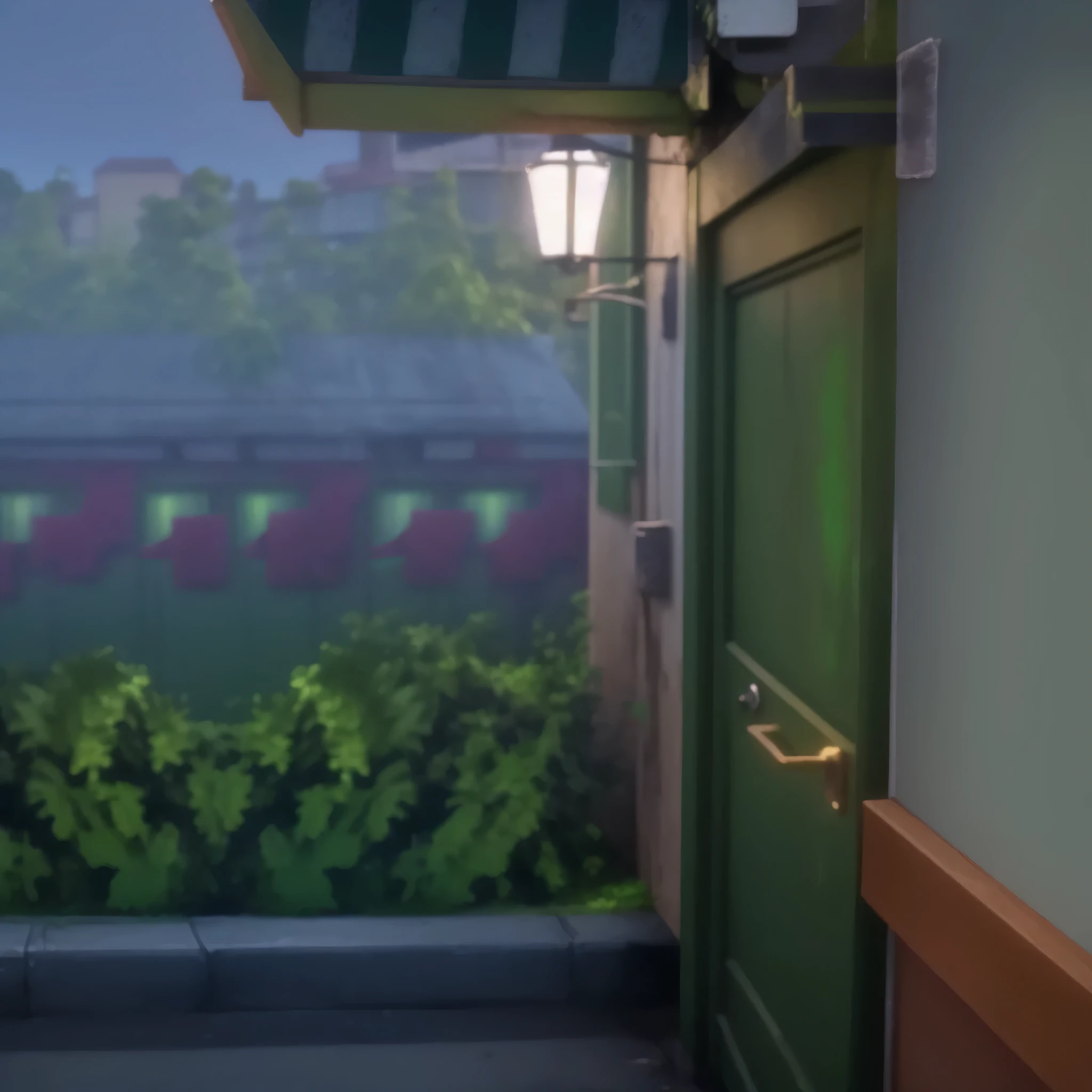 有a green door,a green door,a green door,a green door,a green door,a green door,a green door,a green door。, Random background scene, Realistic establishing shot, background artwork, background art, Inspired by Luigi Casimir, dirty street background, Open window ib background, night village background, small town background, cartoon moody scene