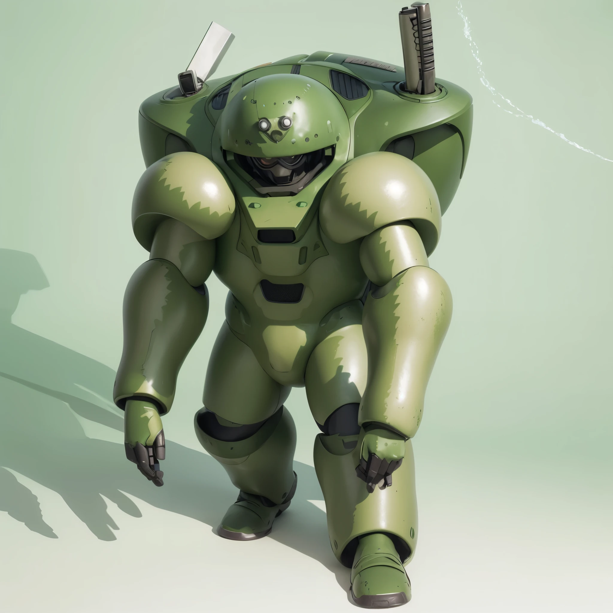 There is a comic,There is a huge,gun in hand, Otomo Katsuhiro, Anime large mecha, Mecha body, artist Otomo Katsuhiro, full body Mecha suit, Manatee shaped mecha, Mecha suit, Reiji Matsumoto, alphonse, Metal Gear Machinery, Otomo Katsuhiro, Mecha suit,3D rendering effect,Realistic effect,Army green paint,bright scene,White background