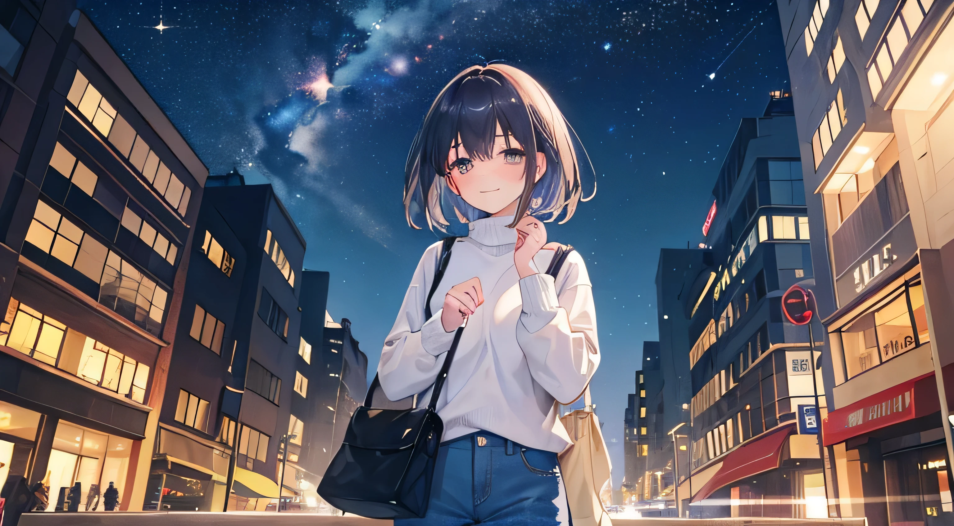 a woman in the middle of a quiet city wearing a sweater and short jeans, she is facing the sky because the atmosphere around her is a quiet city with the electricity still on, she is wearing a bag and while looking at the sky full of stars she blush and smile.