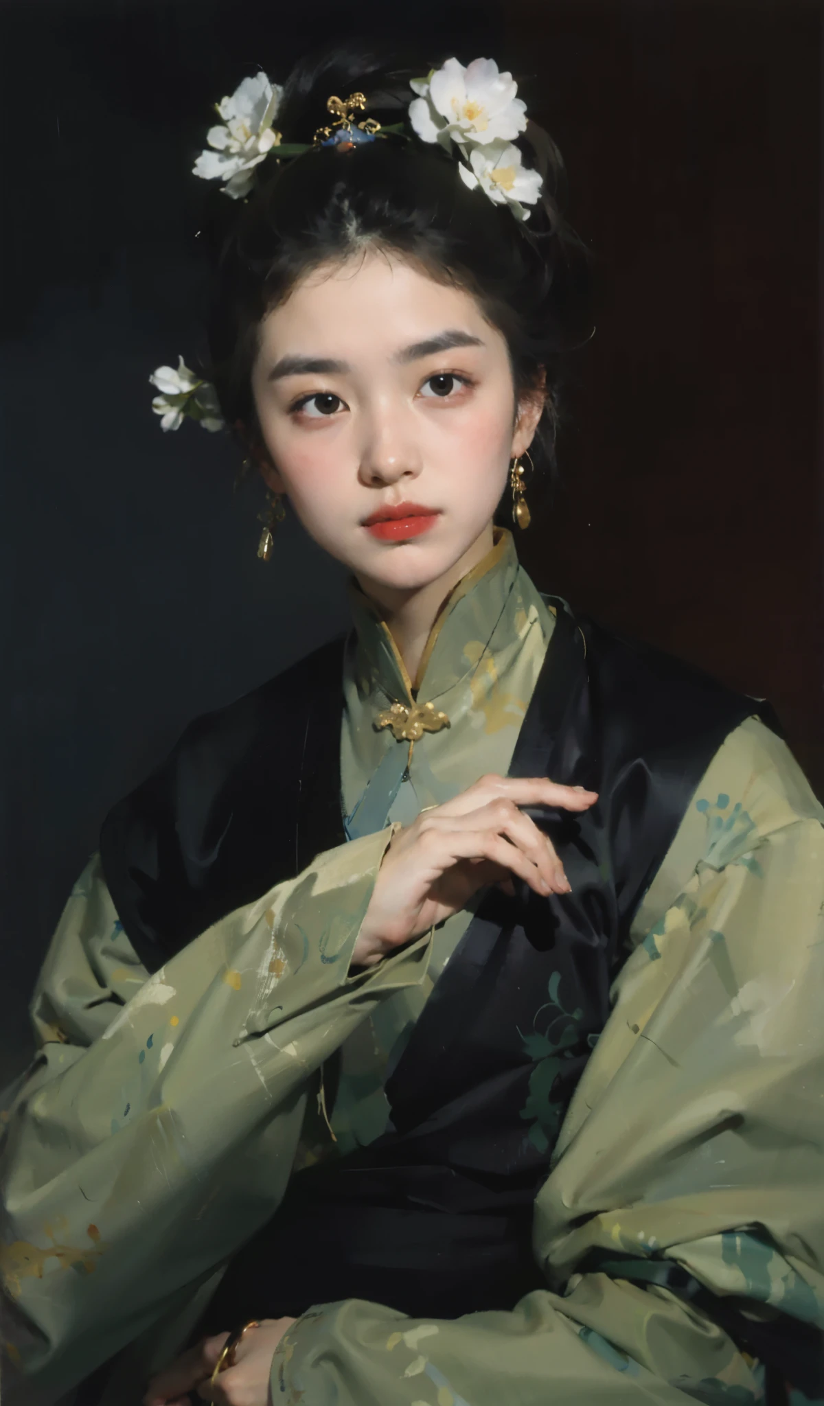 best quality,masterpiece,(painting:1.5),Pan head,hair tied up,Japanese women's hairstyle,Exquisite facial features,delicate and thin eyebrows,eyebrows are very thin,Small mouth,Little mouth,small lips,Headgear,Pan head,hair tied up,Japanese women's hairstyle,asian woman,Ancient Chinese woman,(Amy Sole:0.248),(Stanley Ategg Liu:0.106),(a detailed painting:0.353),(文艺复兴古典painting风格:0.8)