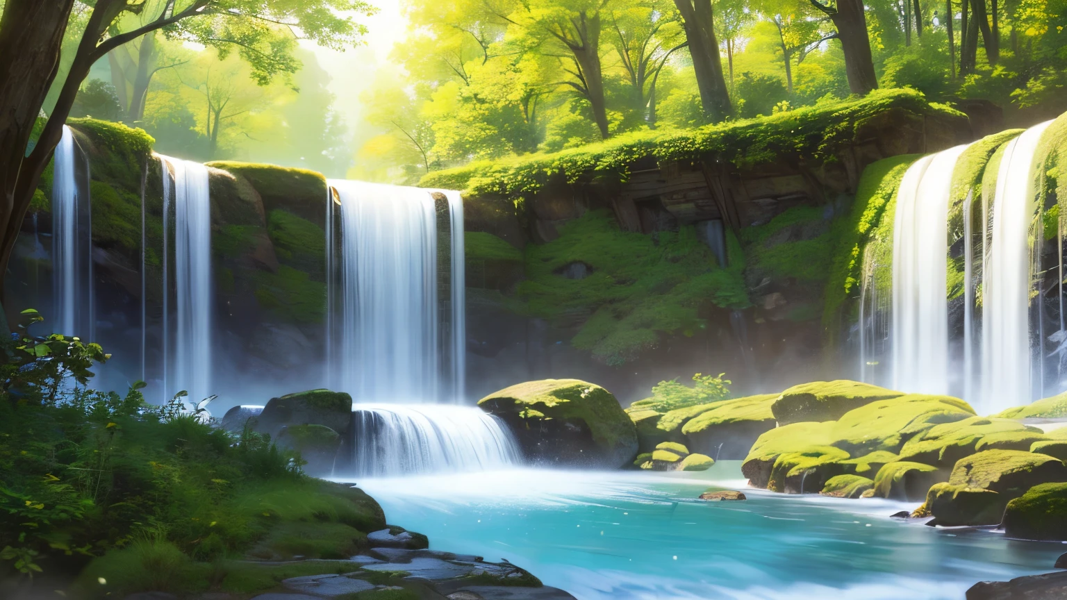 (Masterpiece, best quality, High quality, height:1.4), very detailed, Soft light surrounding, 4k,
outdoor, nature, forest, tree, grass, plant, flower, river, Corrosive substances, water flow, wave, (waterfall:1.2), pond, forest, lush leaves, fern,