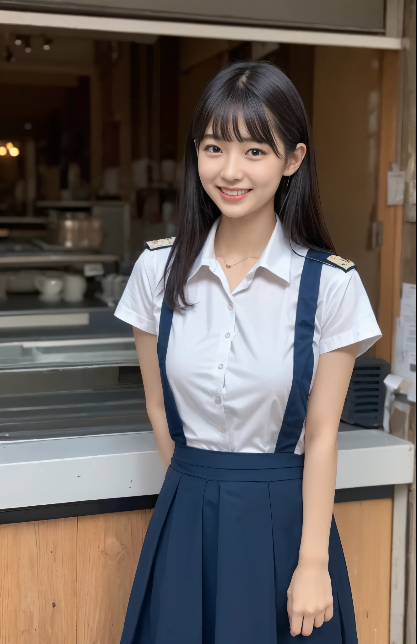 Master quality, highest quality, best picture quality, exaggerated details, a cute 8  asian little gth a shy expression, slightly squinted eyes, long eyelashes (long hair / very, very exaggerated big breasts / in uniform) outdoors, posing for the camera