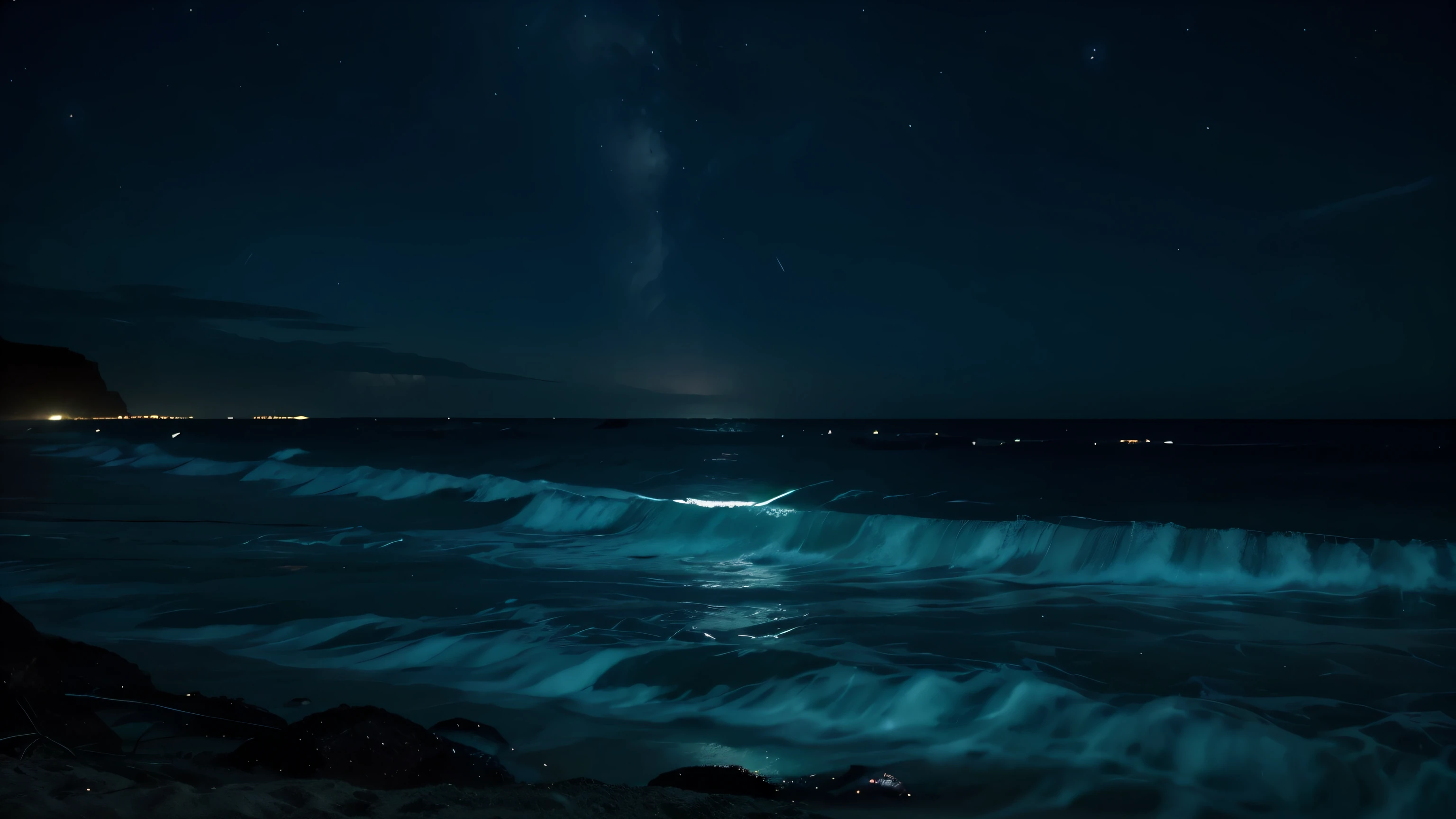 glowing beach: Beach lit up with bioluminescent plankton, Create a surreal and mesmerizing scene..