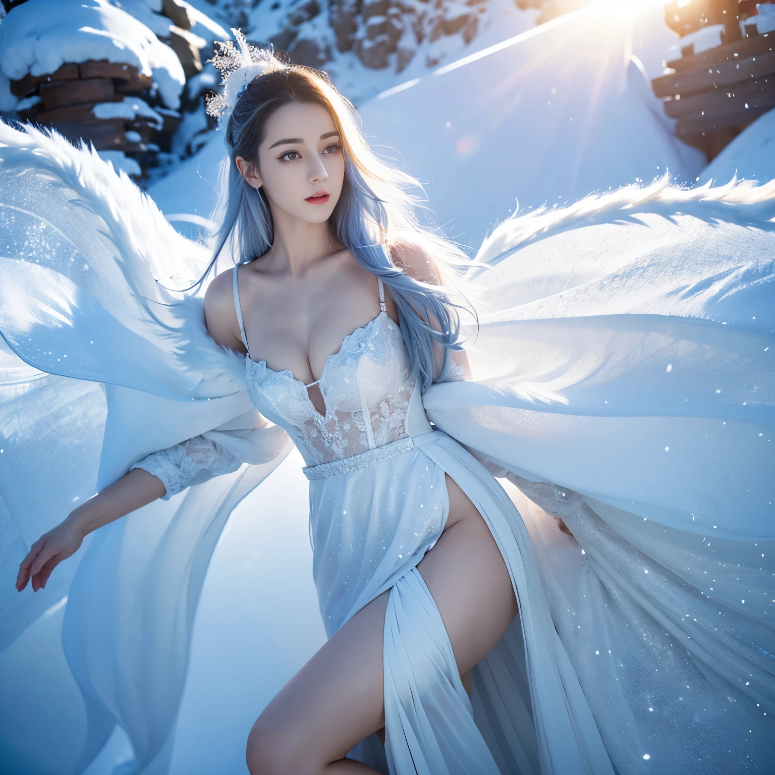 ((top quality、8k、Masterpiece:1.3))、Extremely delicate and beautiful girl,huge breasts,bigger breasts,Very white skin,fiery red lips,Waist is very thin,Thighs are very thin,White and smooth skin,Smooth and fair skin,flawless skin,Fair and shiny skin,cold white skin,The camera focuses on the chest,hazy light rays,hazy light rays,There is a pair of huge white wings on the back,A scene of heavy snowfall,Snow covers the ground,snow mountain,lake,White plush coat,slim long skirt,light blue hair,The hair is light blue