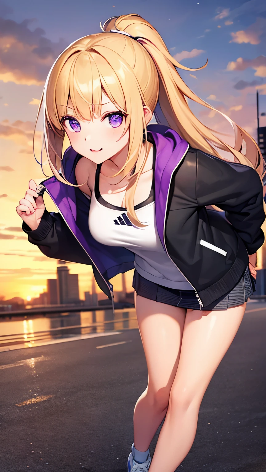 Girl, ponytail hair, blonde hair, purple eyes, cute girl, jacket Adidas, mini skirt, sneakers, city