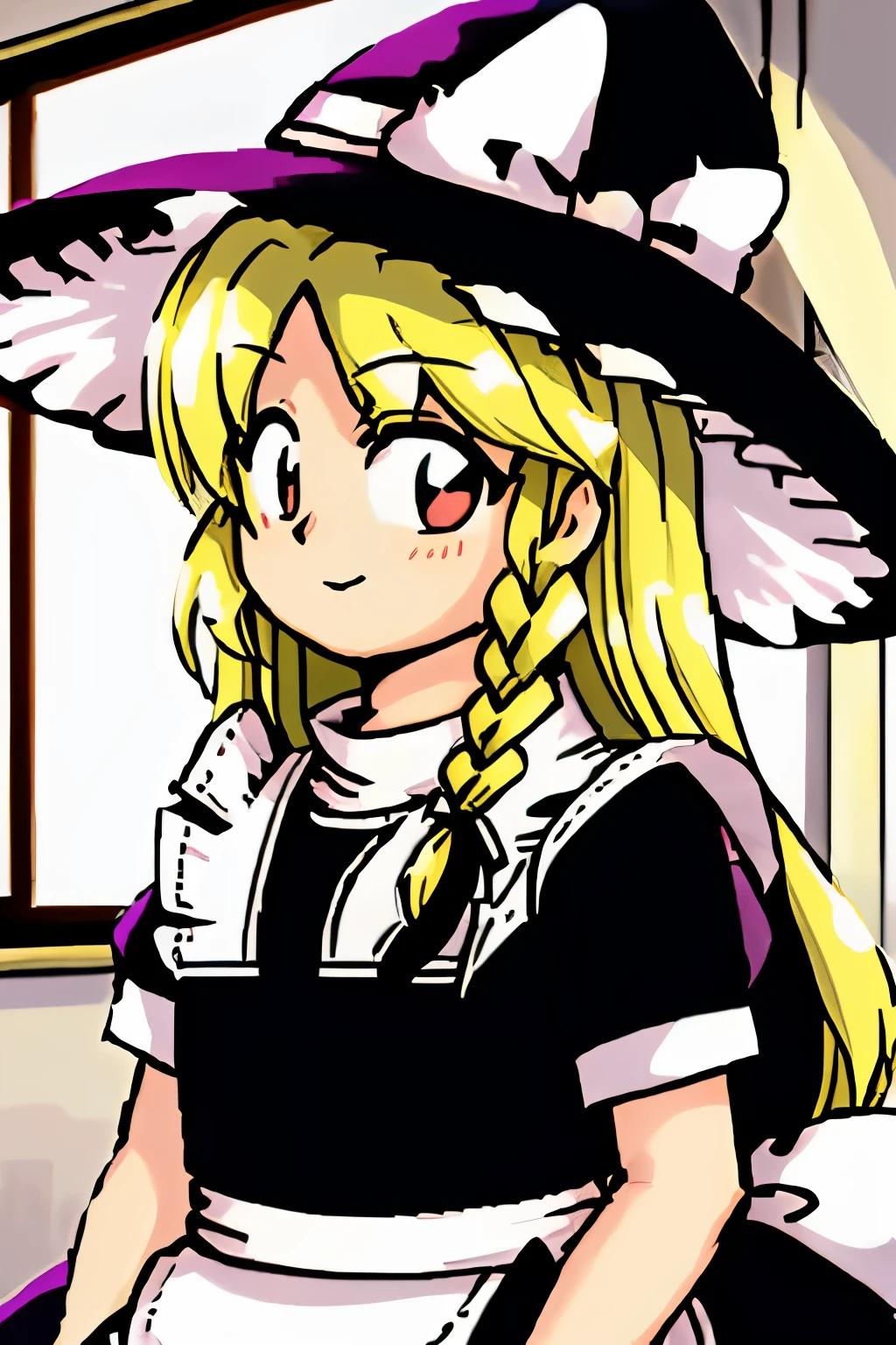 marisa,upper body,smile,indoors,black hat,white ribbon,maid dress,long blonde hair,single side braid,