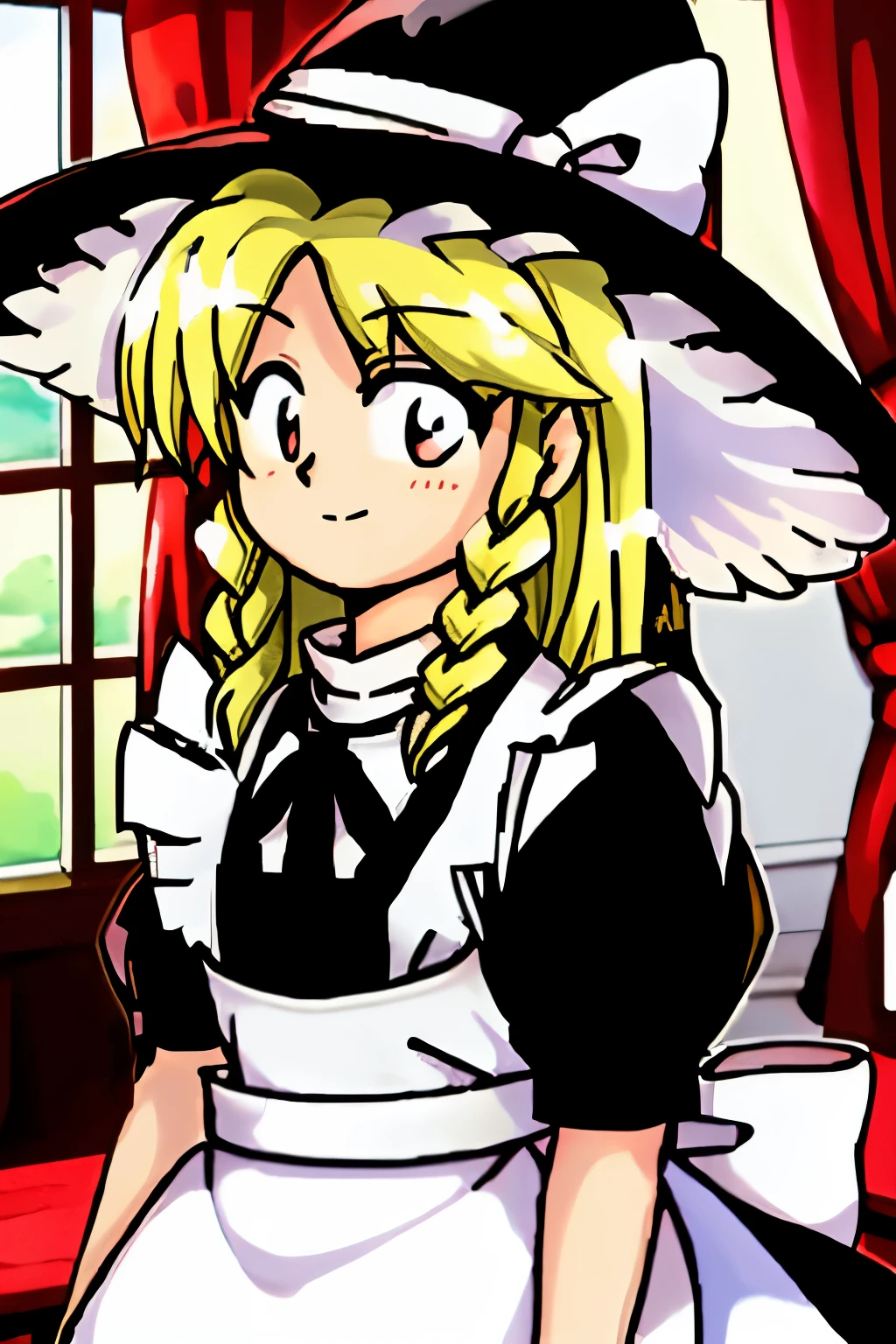 marisa,upper body,smile,indoors,black hat,white ribbon,maid dress,long blonde hair,single side braid,