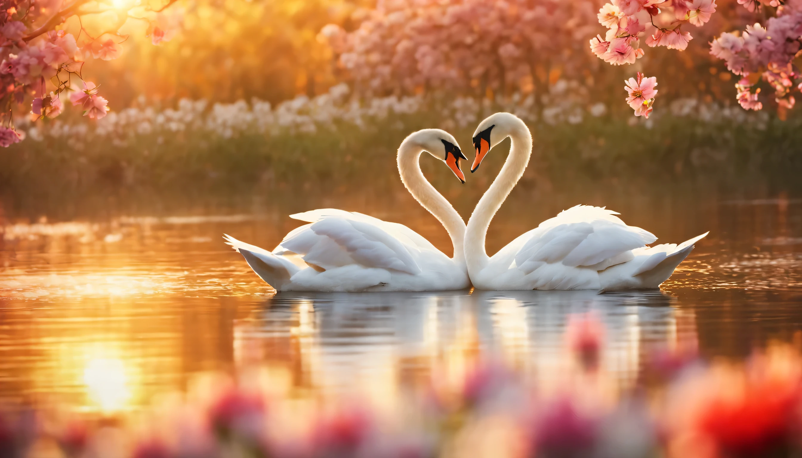 (a couple of swans making a heart shape,beautiful swan,stylized swan,romantic scene,heart shape,morning daylight,(best quality,4k,8k,highres,masterpiece:1.2),spring scenery,blossoming flowers,vibrant colors,serene atmosphere)