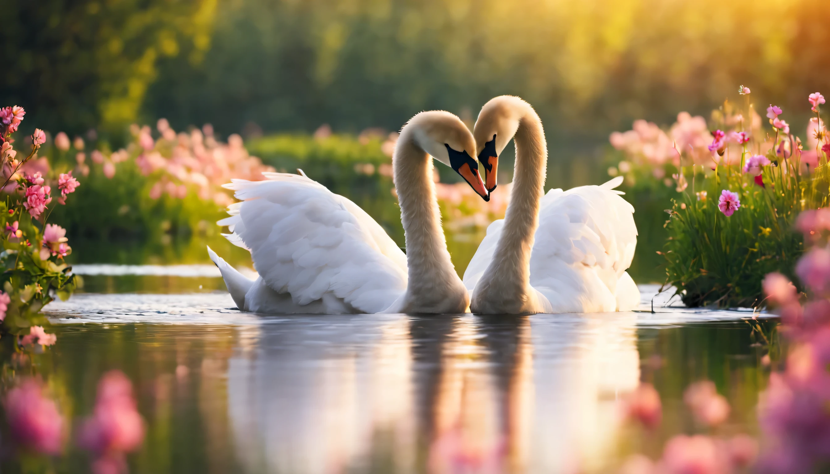 a couple of swans making a heart shape,beautiful swan,stylized swan,romantic scene,heart shape,morning daylight,(best quality,4k,8k,highres,masterpiece:1.2),spring scenery,blossoming flowers,vibrant colors,serene atmosphere)