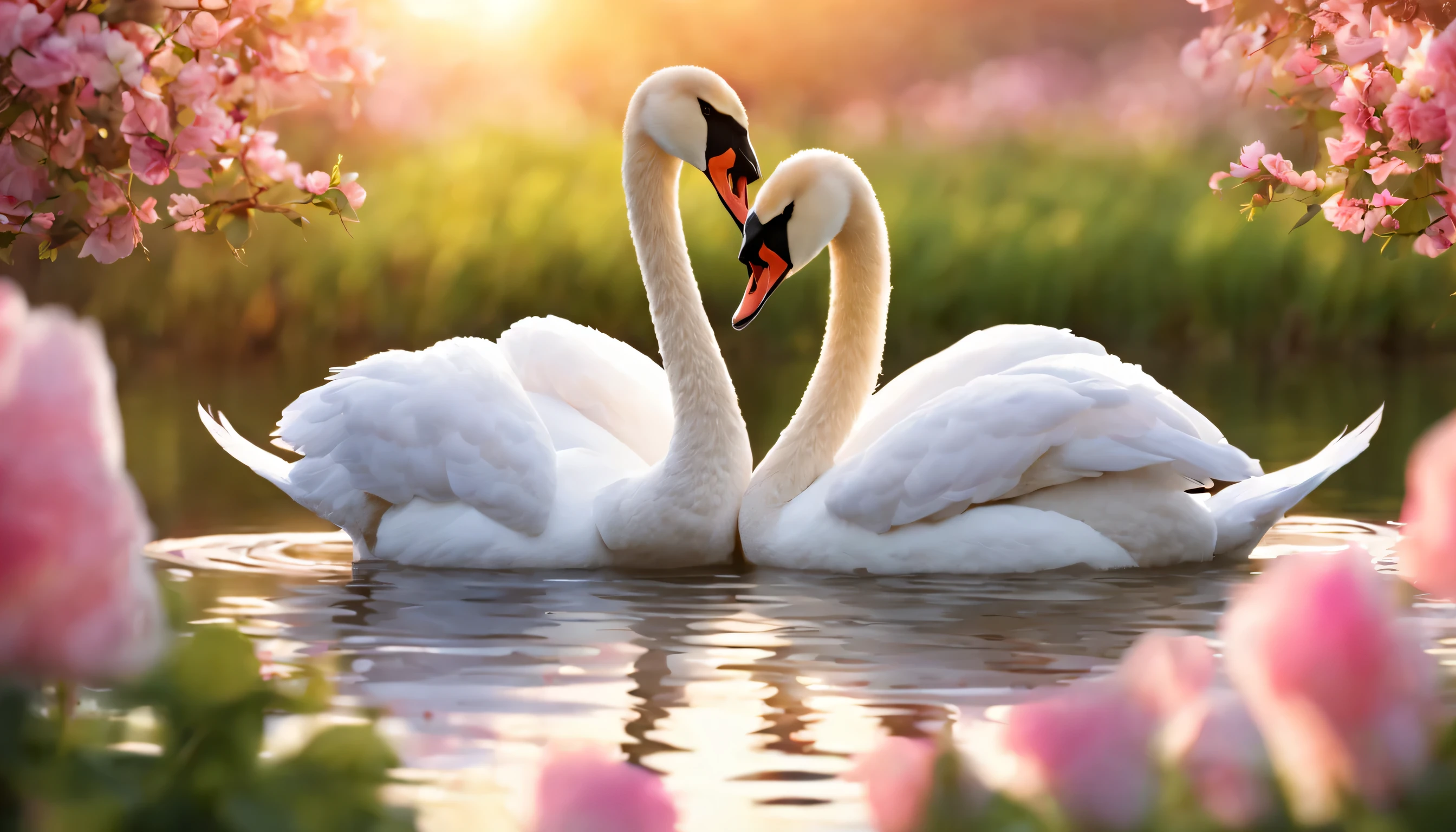 a couple of swans making a heart shape,beautiful swan,stylized swan,romantic scene,heart shape,morning daylight,(best quality,4k,8k,highres,masterpiece:1.2),spring scenery,blossoming rose flowers,vibrant colors,serene atmosphere)