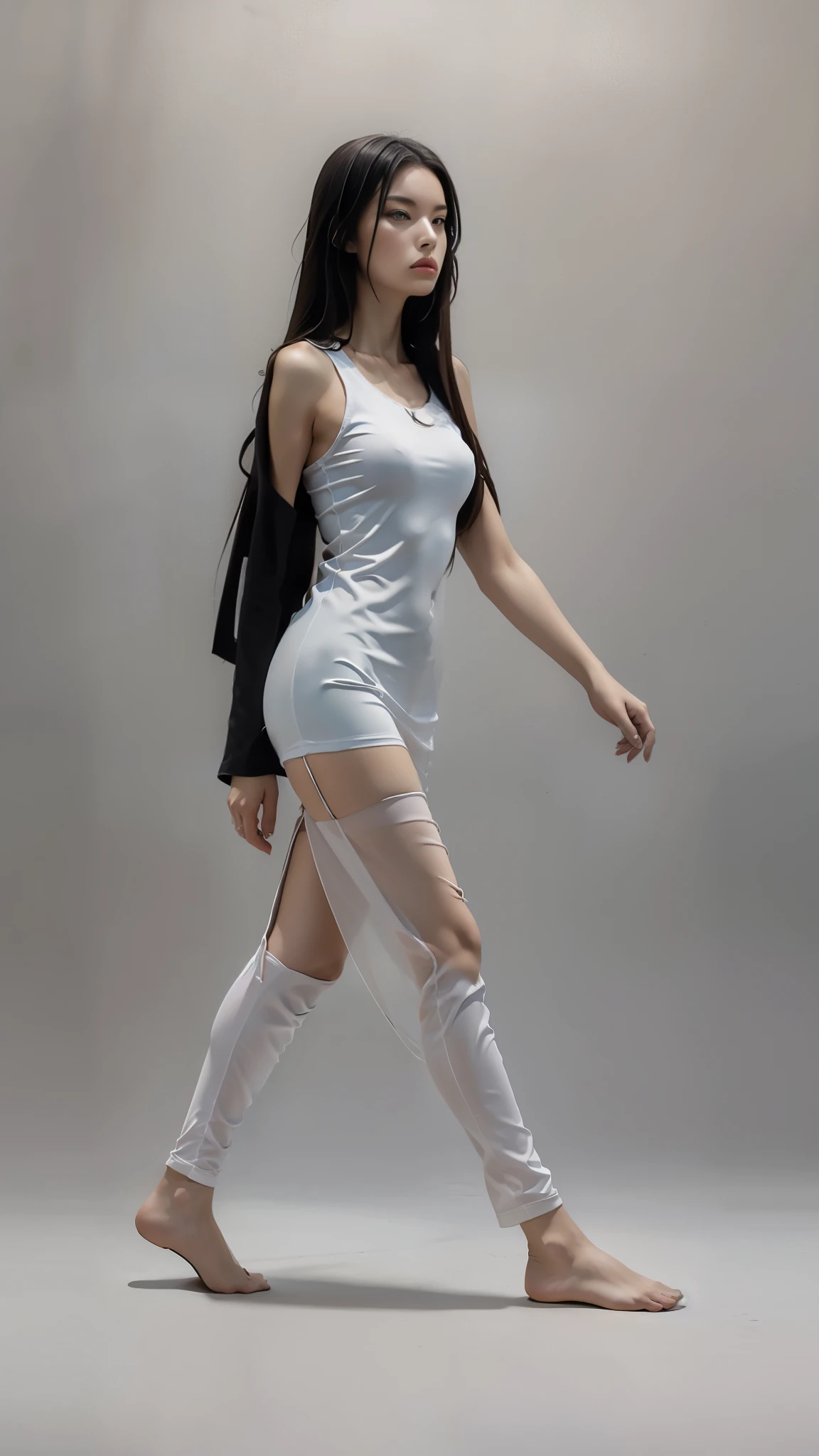 16K, Masterpiece, photorealism, A woman walks to her full height, a woman with dark long hair, a woman dressed in a white dress, white background,