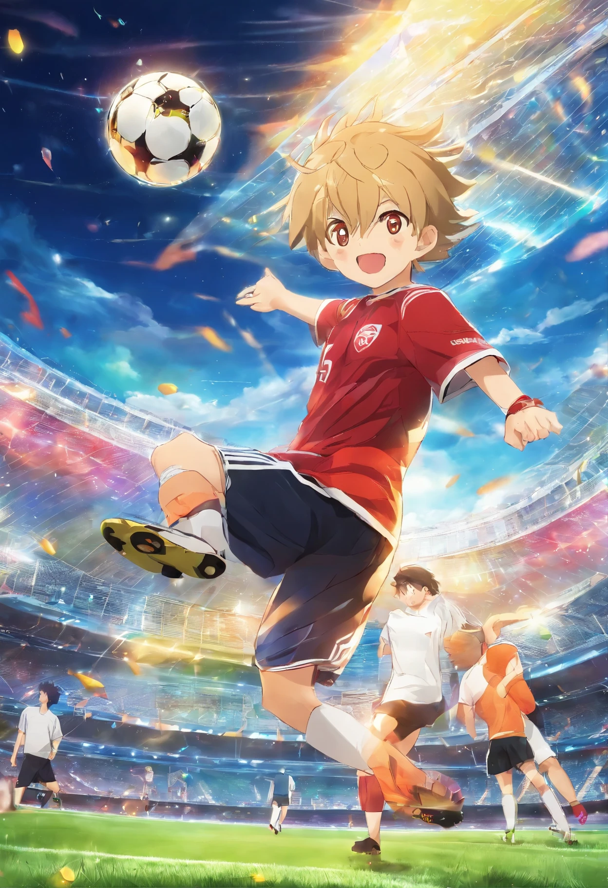 (best quality,ultra-detailed,realistic,photorealistic:1.37),colorful,energetic illustration,Inazuma Eleven style,vibrant colors,playful atmosphere,lively male character,light brown hair,brown eyes,friendly smile,sporty outfit,action pose,dynamic movement,soccer ball,kicking the ball,background crowd cheering,shiny soccer field,sparkling lights,exciting match,fast-paced gameplay,adrenaline rush,expressive facial expression,enthusiastic,passionate player,electric energy,high-intensity game,unique superpowers,explosive soccer techniques,comical exaggerations,action lines,brilliant special effects,motion blur,emphasized power,catching moment,mid-air jump,dramatic angle