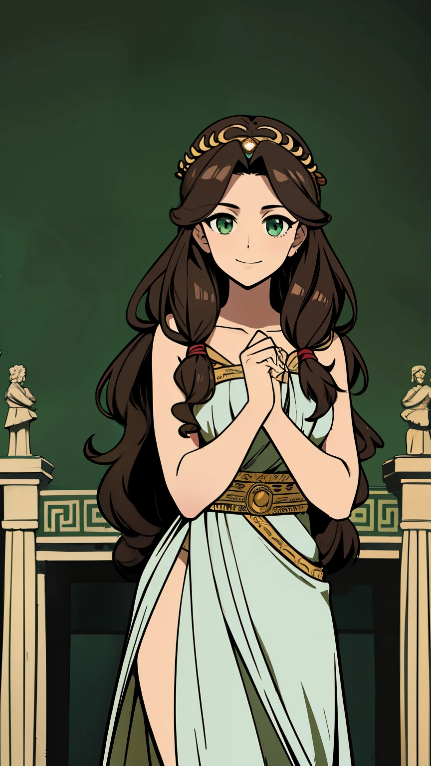 (high-quality, breathtaking),(expressive eyes, perfect face) 1girl, female, solo, adult, dark brown hair, bright meadow green eye color, long hair length, looking at viewer, half body, smile, enchantress, sleeveless dress, shawl, ancient greek clothing, ancient roman clothing, goddess, circe character, circe greek myth, soft wavy curly hair, potions and herbs background
