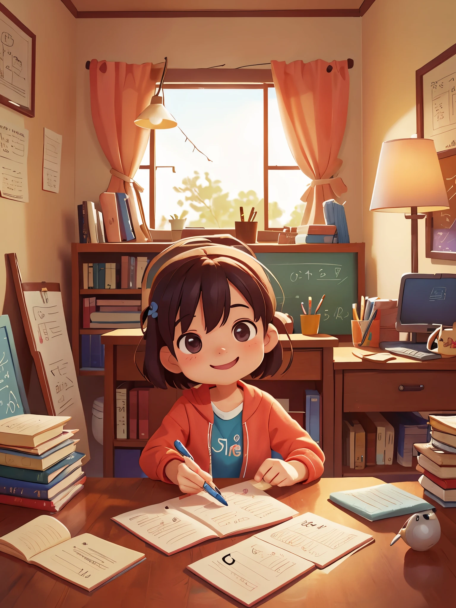 妈妈陪可爱的小女孩write homework,desk,study,write homework,Smile,Pixar style, best quality, stills,