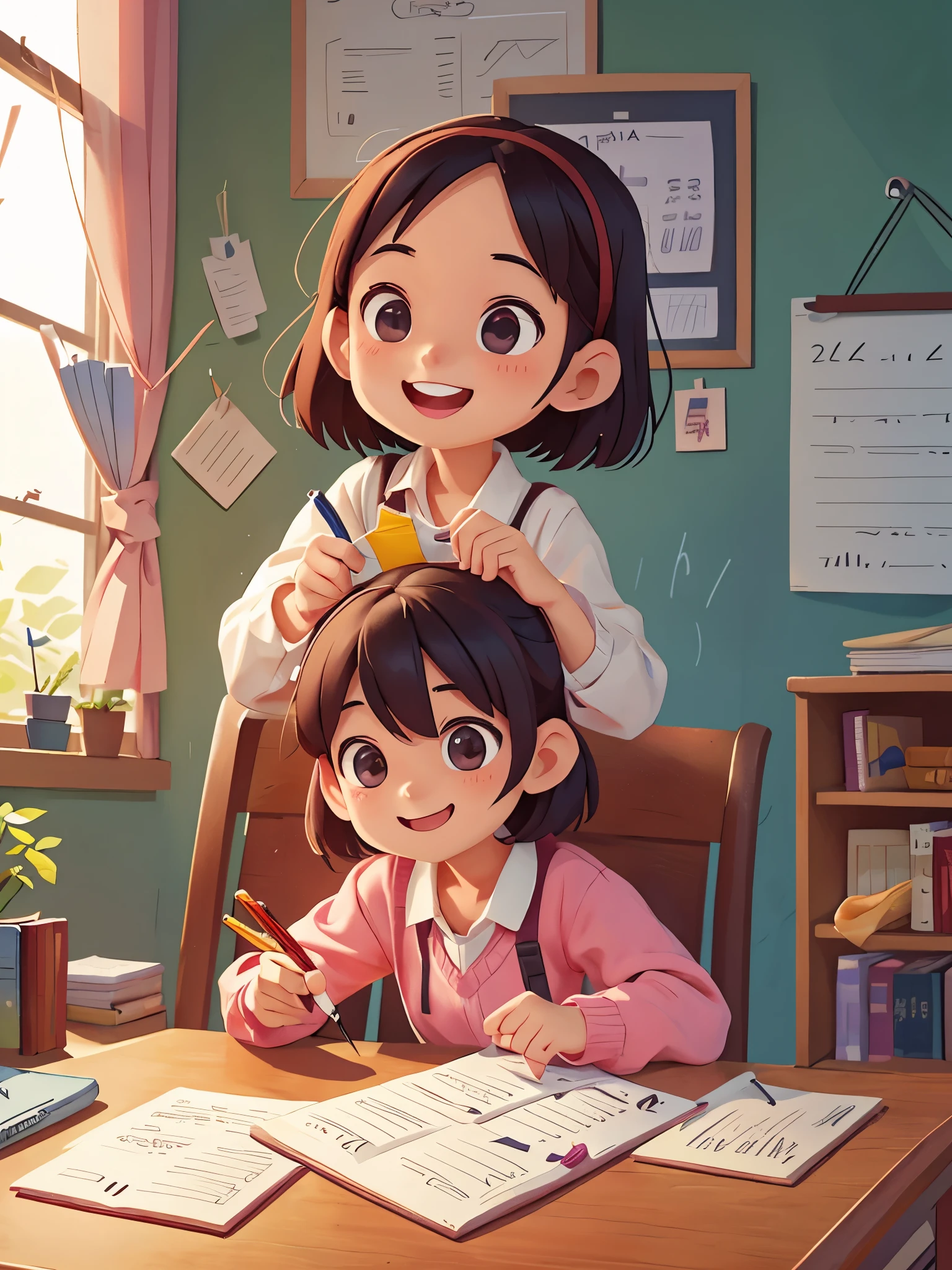 妈妈陪可爱的小女孩write homework,desk,study,write homework,Smile,Pixar style, best quality, stills,