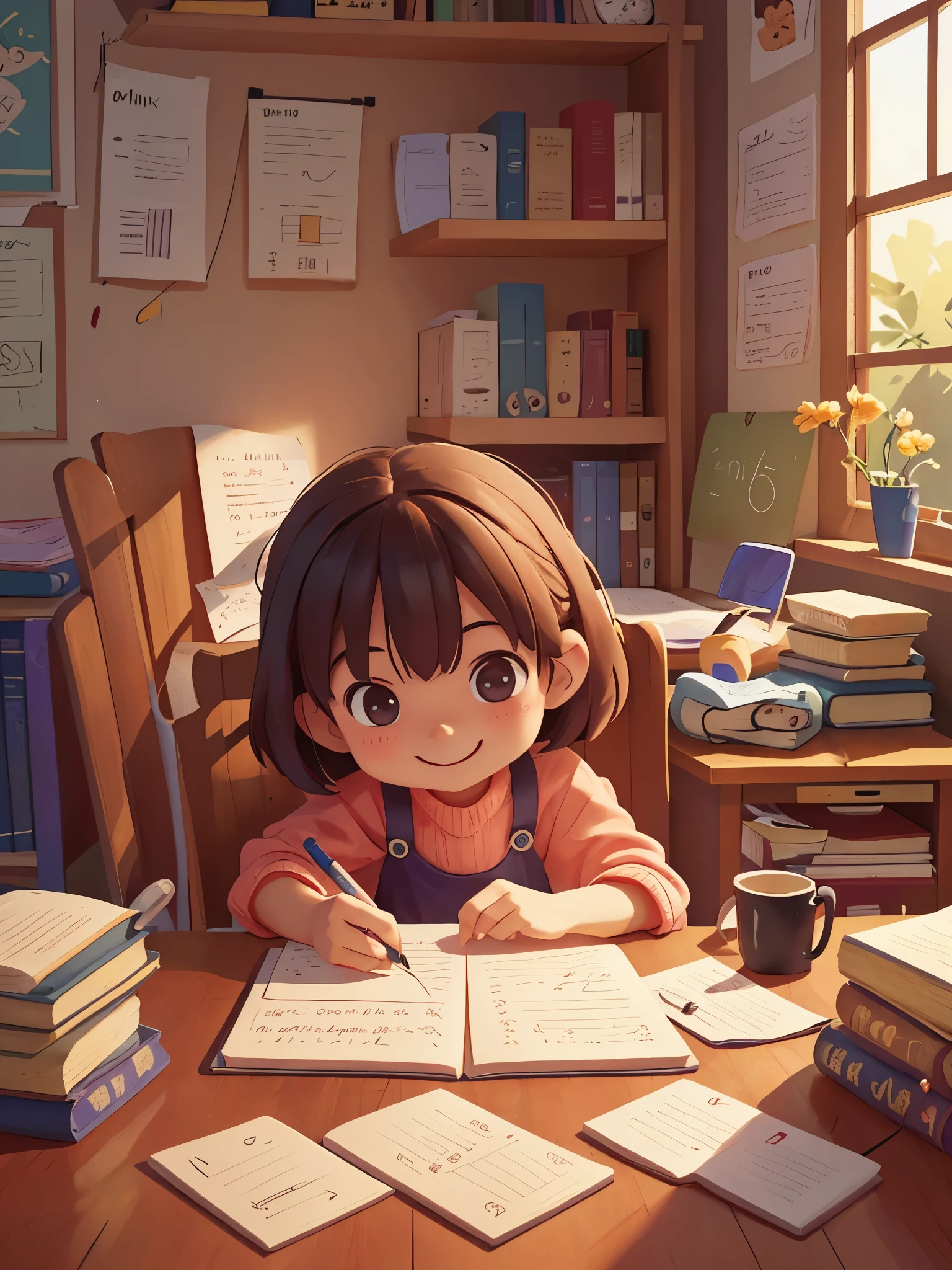 妈妈陪可爱的???write homework，desk，study，write homework，Smile，Pixar style, best quality, stills,