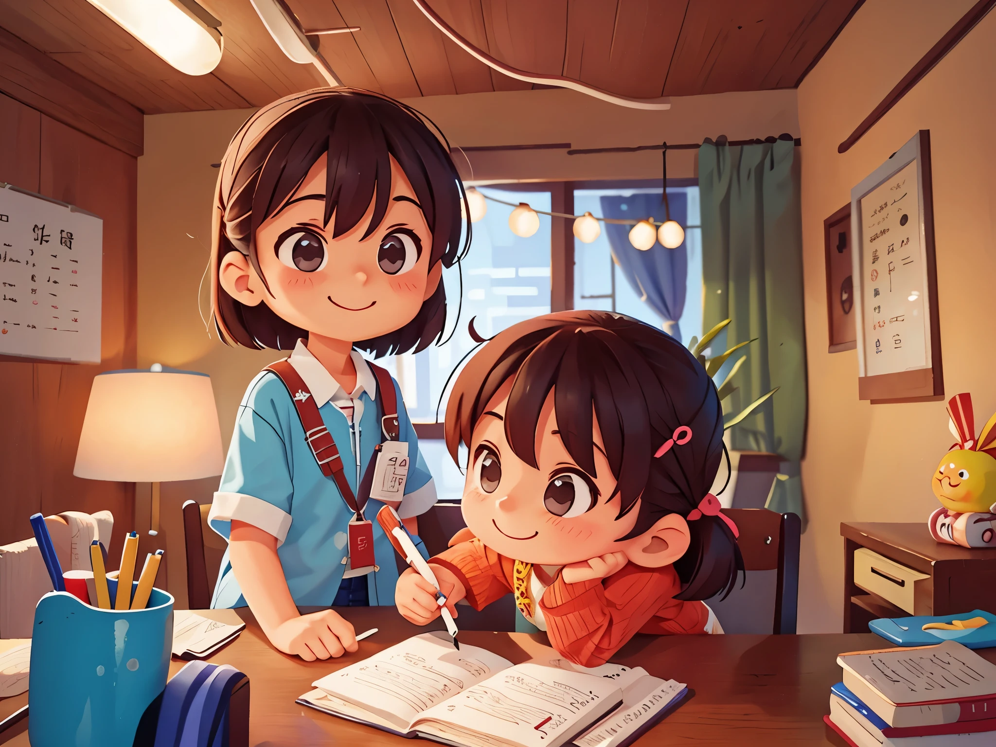 妈妈陪可爱的???write homework，desk，study，write homework，Smile，Pixar style, best quality, stills,