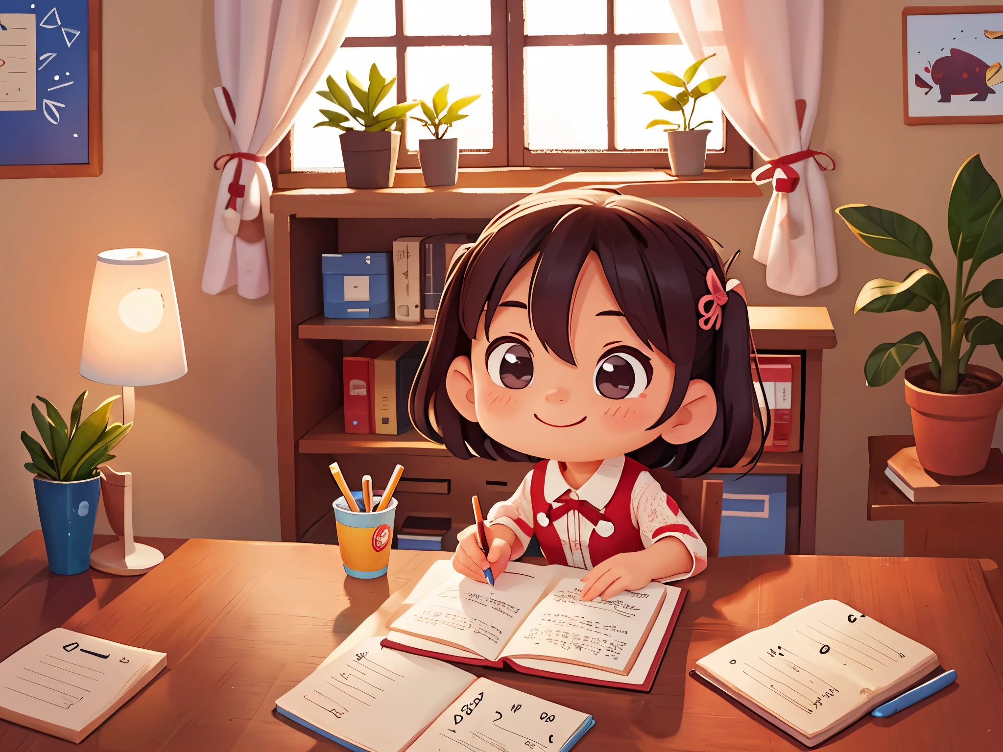 妈妈陪可爱的???write homework,desk,study,write homework,Smile,Pixar style, best quality, stills,