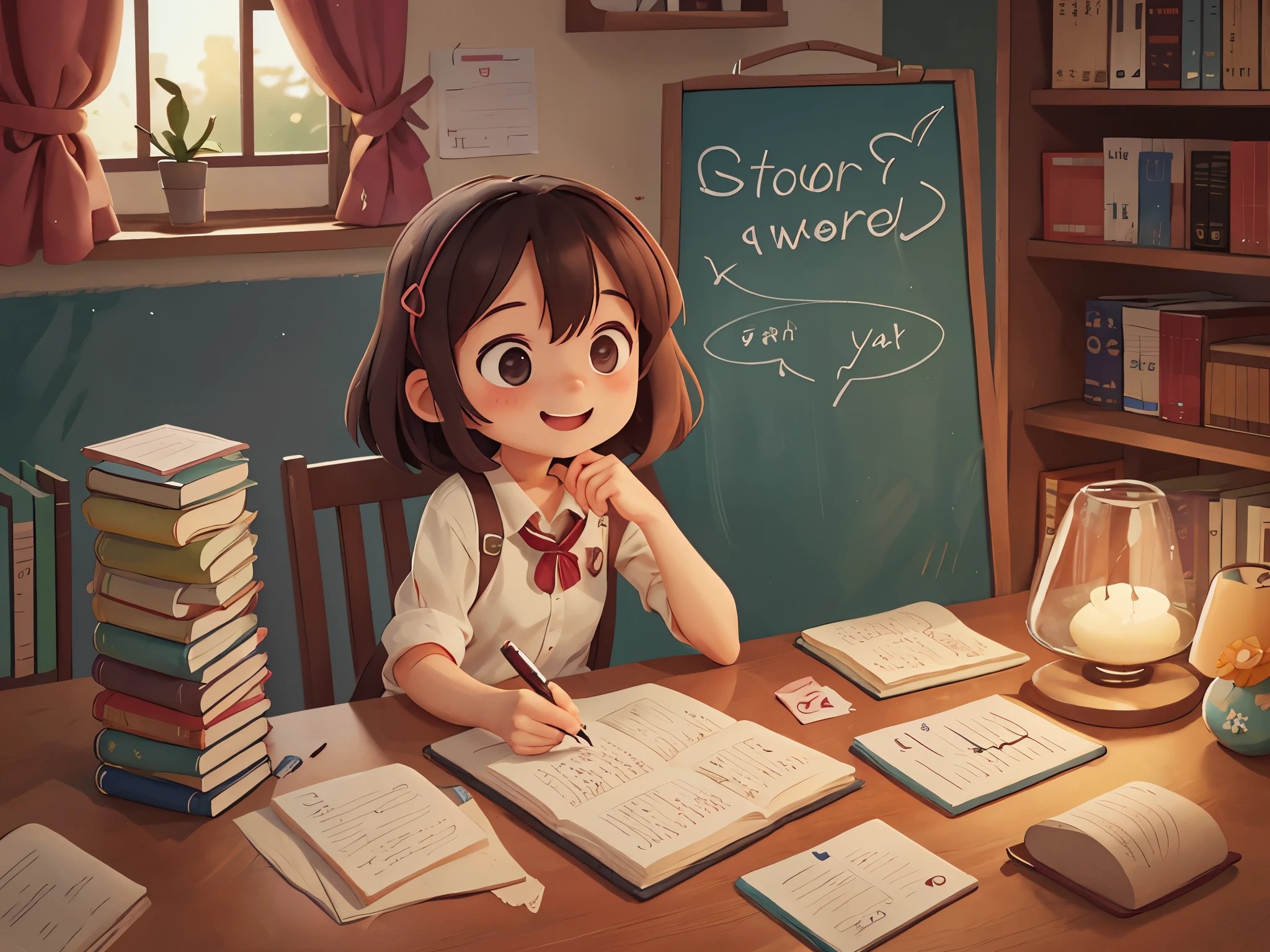 妈妈陪可爱的???write homework，desk，study，write homework，Smile，Pixar style, best quality, stills,