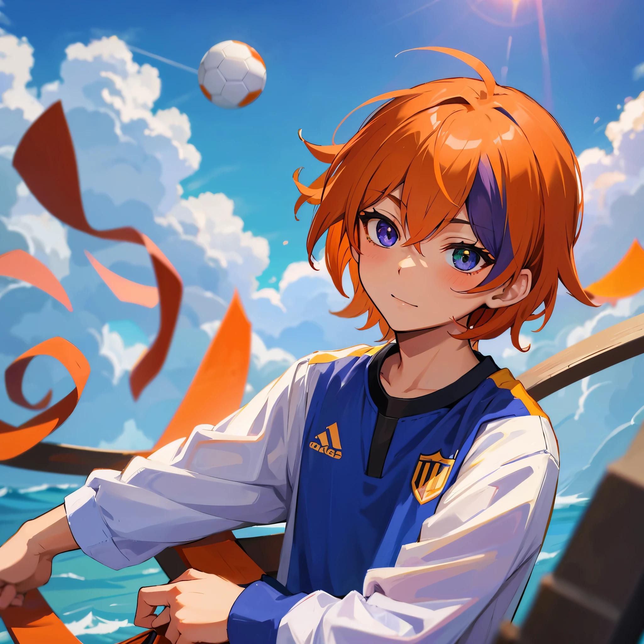 (solo),(1boy,masculino,(alone),orange hair),soccer uniform , heterochromia , one eye green , one eye purple