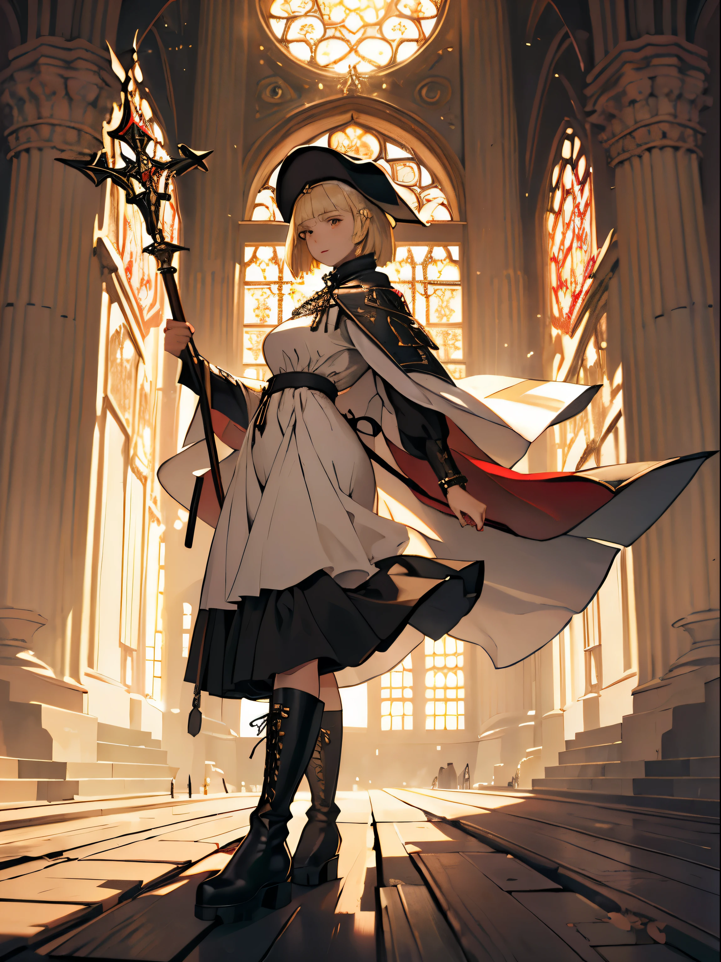 masterpiece, super detailed, 8K portrait, RAW photo, portrait photography, highly detailed face, beautiful and detailed eyes, ((fantasy)), young and beautiful, dynamic pose, kind face, smile, (((Short bob blonde hair, bangs))), ((priest)), white skin color, simple and simple girl, Wooden Necklace, Clergy's hat, (((long cloak))) fluttering in the wind, (((dark dull red oversized priest tunic))), (((long skirt)), (((Low boots))), ((holding a long wooden cane)), Large shoulder bag, midday sun, surreal, body model, big breasts, beautiful breasts, long legs, in the crowd, environmental lighting, shadow details , Focus the camera on the thigh, strong wind, light fog